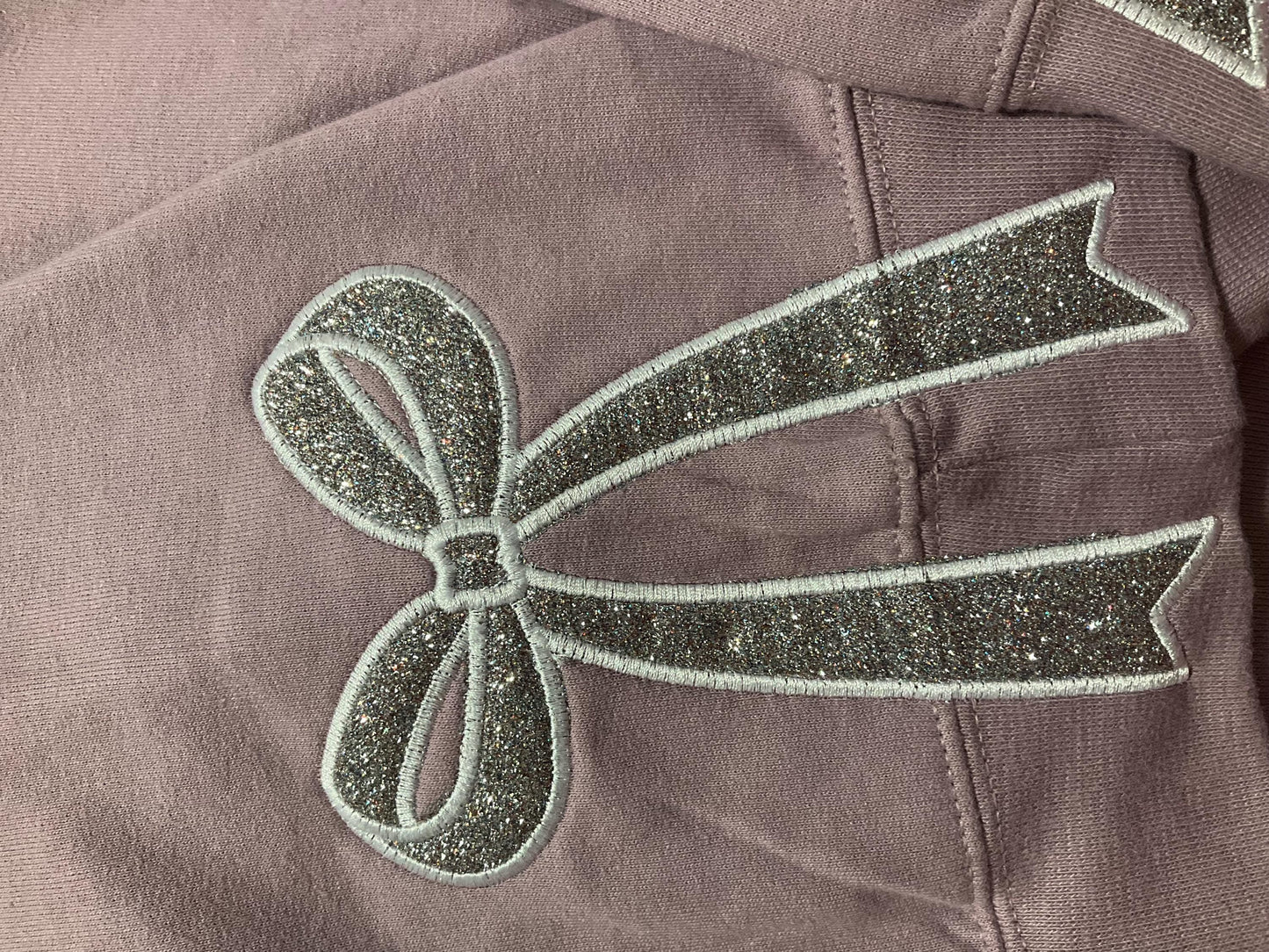 Embroidered Glitter Bow Sweatshirt: Side Appliqué Design by Lina Loves Two, handmade in Los Angeles CA
