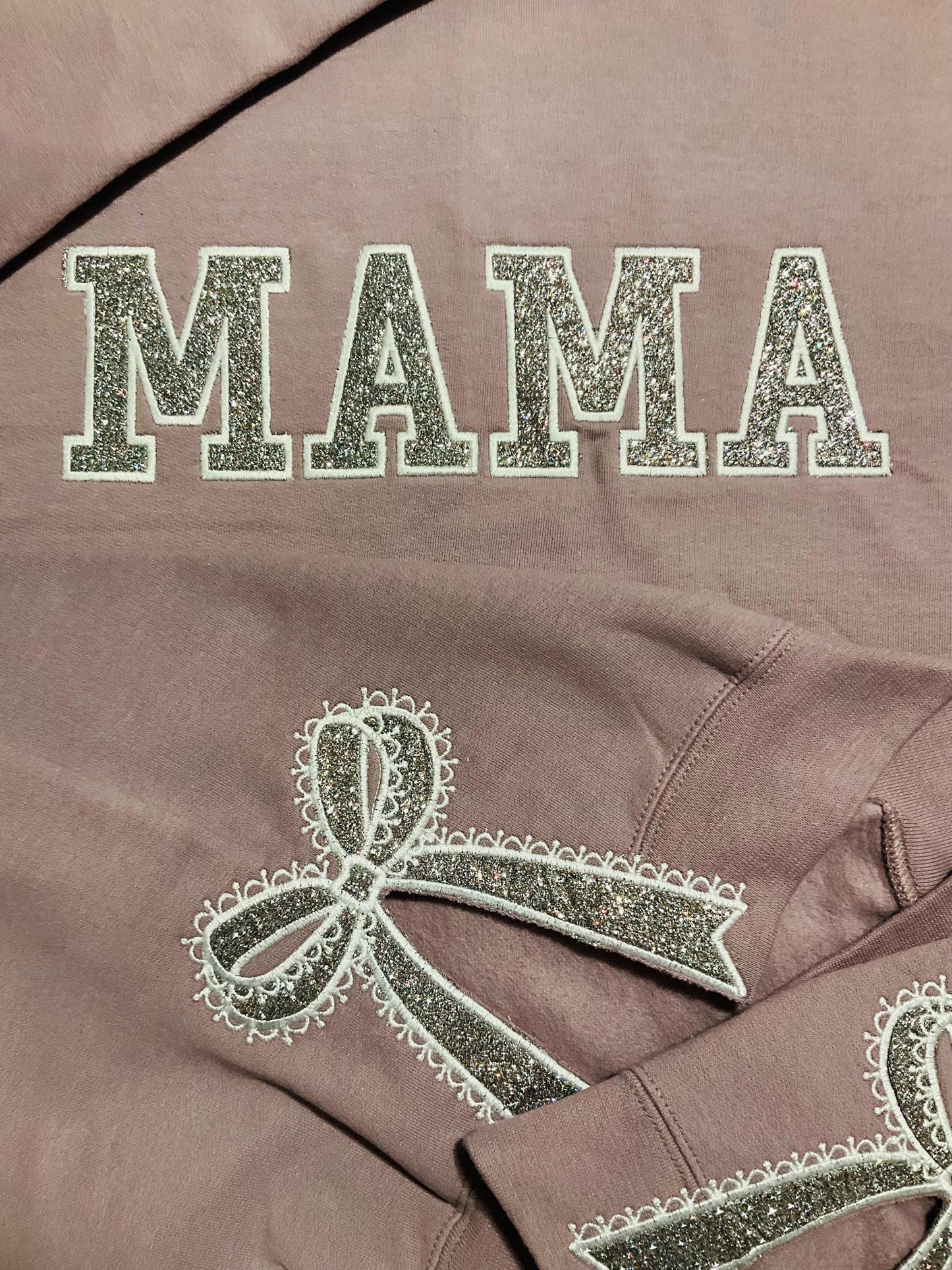 Embroidered Lace Side Bow Mama Appliqué Sweatshirt Design | Classic Lace Bow | Embroidered Bow Sweatshirt | Glitter Side Bow Sweatshirt by Lina Loves Two, handmade in Los Angeles CA