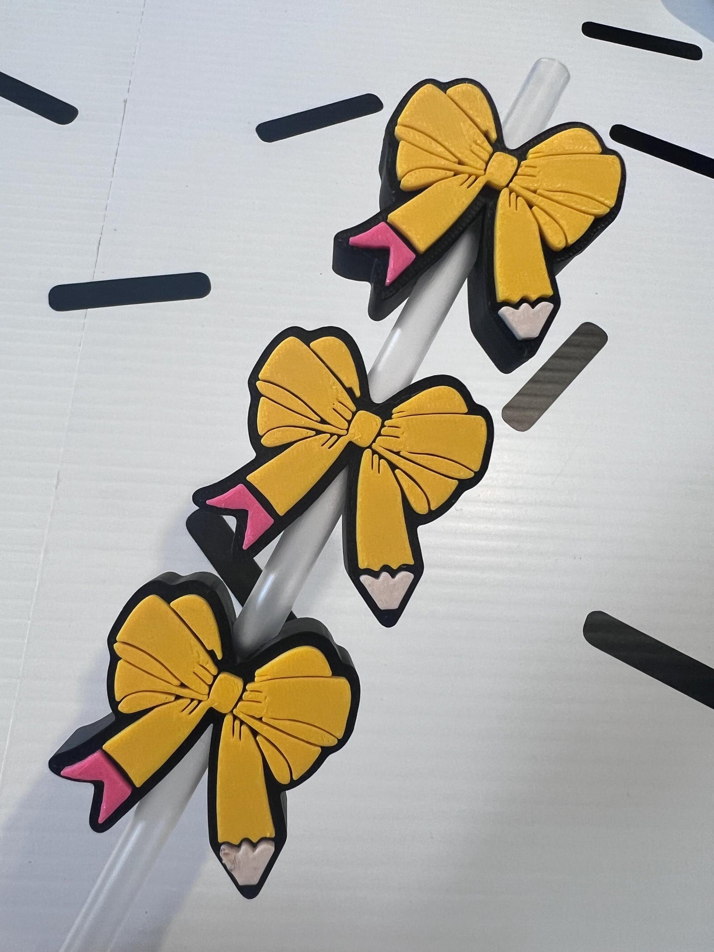 Pencil Bow Straw Topper | Teacher Gift Cup Accessory | Back to School Tumbler Charm | Cute Classroom Straw Decor | Reusable Drink Topper