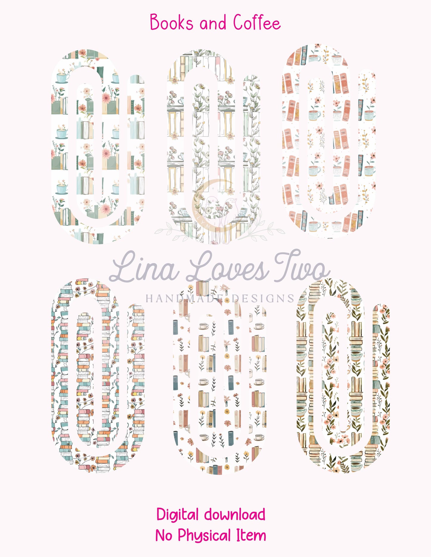 Books and Coffee Theme Jumbo Paperclip PNG for Sublimation β Instant Digital Download