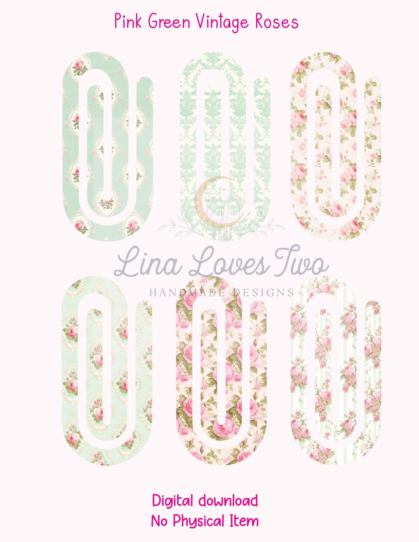 Pink & Green Vintage Roses Theme Jumbo Paperclip PNG for Sublimation β Instant Digital Download