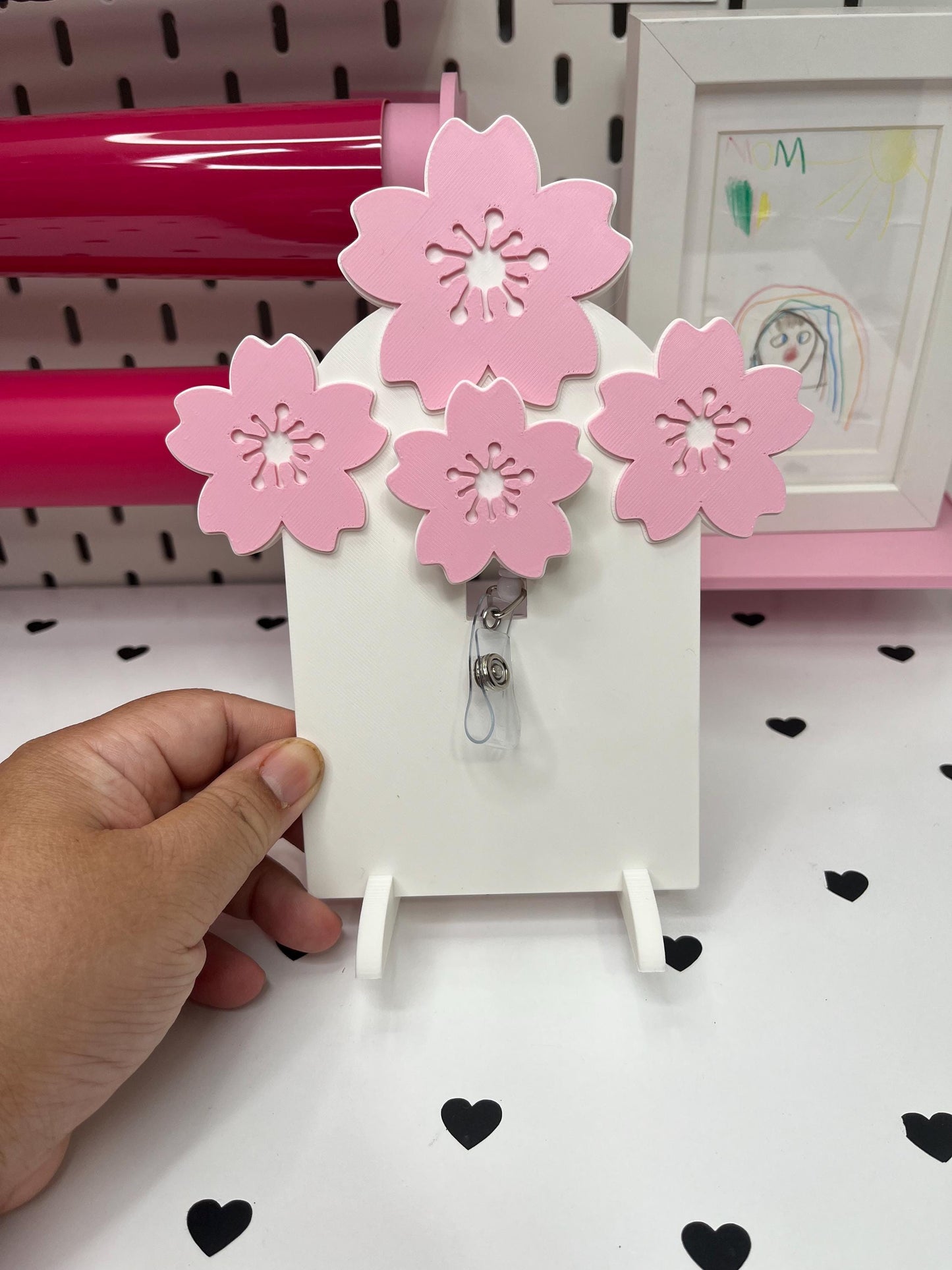 Cherry Blossom Badge Reel Display Stand and Flatback – 3MF Files | Digital Download Badge Reel Display Stand | Draping Bow Flatback | Cover