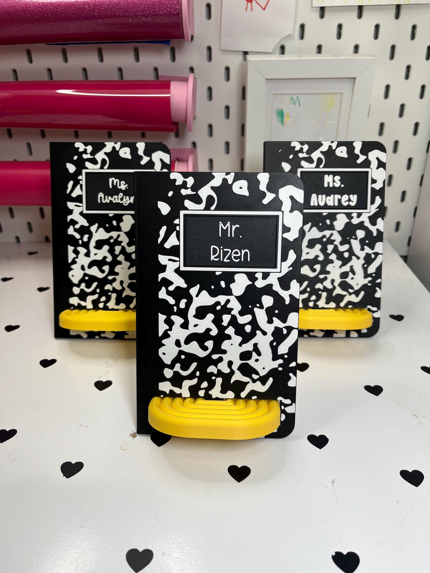 Personalized Composition Notebook & Pencil Phone Stand | Custom Desk Phone Holder | Teacher Gift | 3D Printed Cell Phone Dock