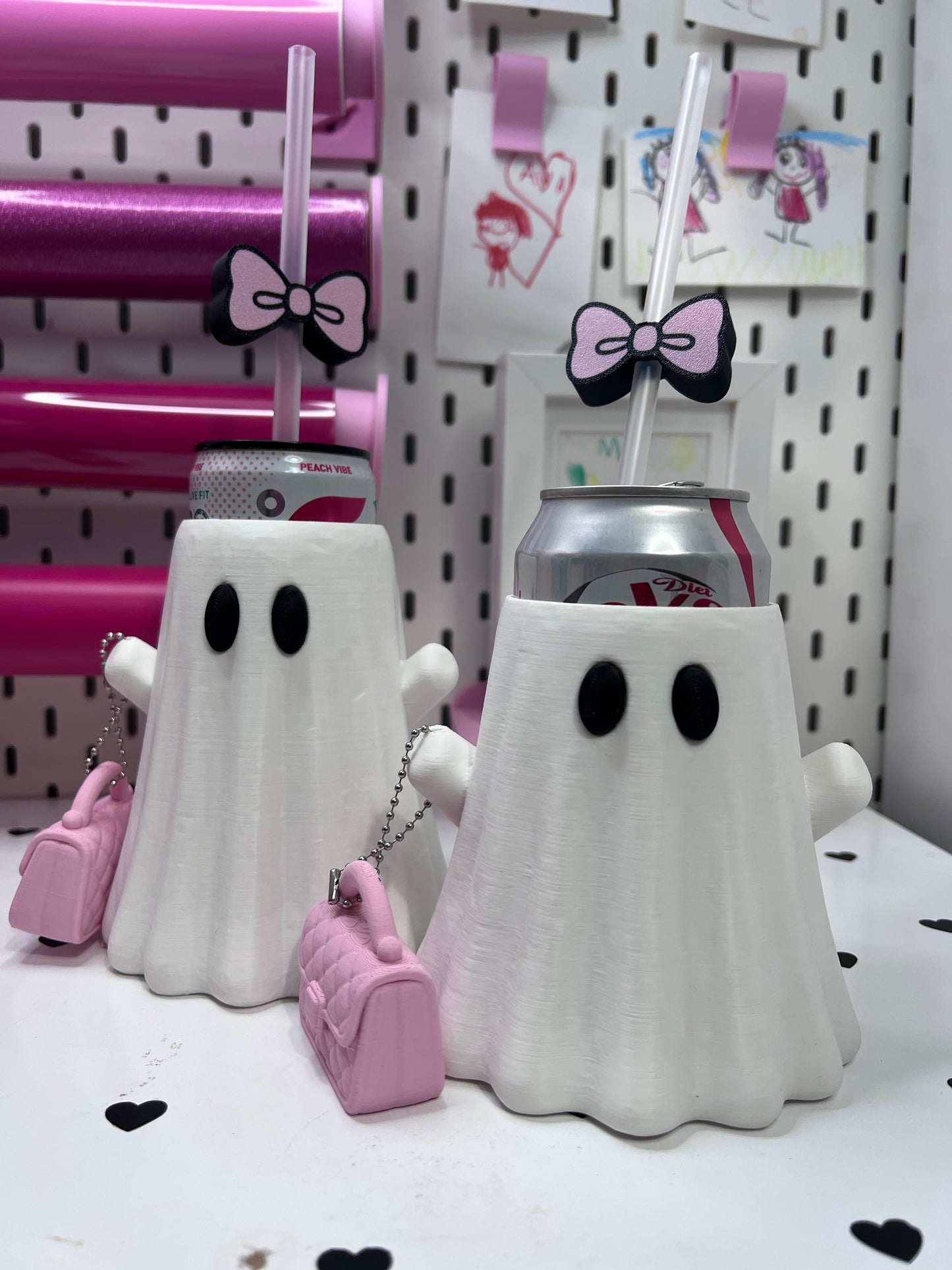 Ghost Can Holder Set – 12 oz Regular or Slim Can + Purse Can Opener + Bow Straw Topper | Halloween 3D Printed Gift