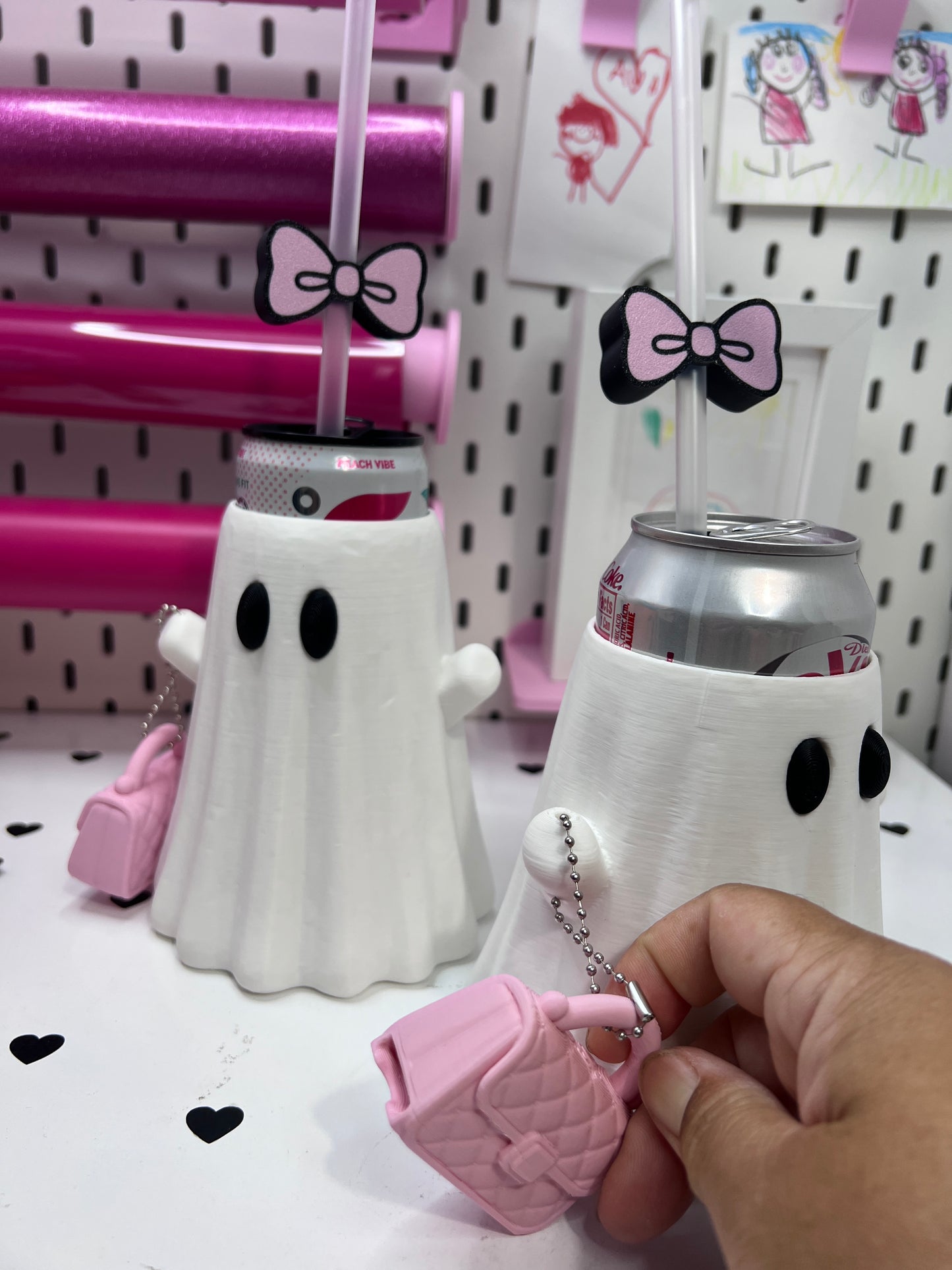Ghost Can Holder Set – 12 oz Regular or Slim Can + Purse Can Opener + Bow Straw Topper | Halloween 3D Printed Gift