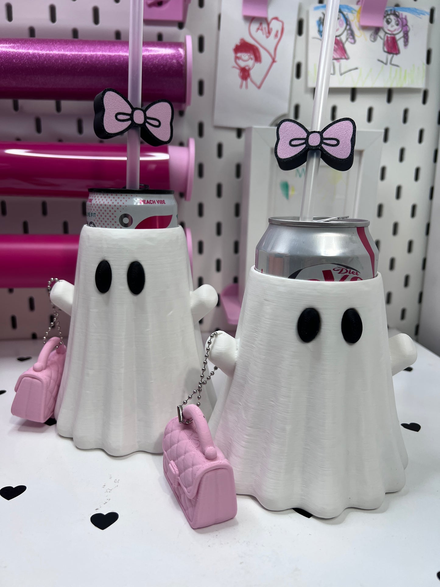 Ghost Can Holder Set – 12 oz Regular or Slim Can + Purse Can Opener + Bow Straw Topper | Halloween 3D Printed Gift