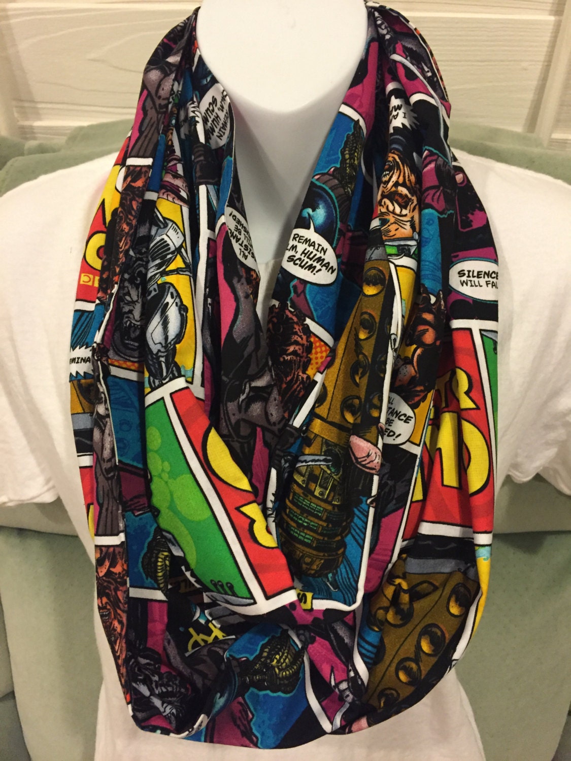 Whovian-Inspired Comic Strip Infinity Scarf | Cozy Flannel Fall Fashion Accessory for Sci-Fi Fans & Handmade Gifts by Lina Loves Two, handmade in Los Angeles CA