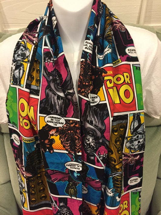 Whovian-Inspired Comic Strip Infinity Scarf | Cozy Flannel Fall Fashion Accessory for Sci-Fi Fans & Handmade Gifts by Lina Loves Two, handmade in Los Angeles CA