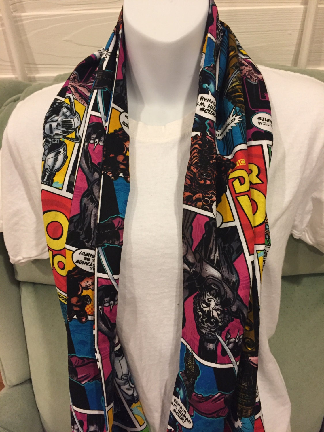 Whovian-Inspired Comic Strip Infinity Scarf | Cozy Flannel Fall Fashion Accessory for Sci-Fi Fans & Handmade Gifts by Lina Loves Two, handmade in Los Angeles CA