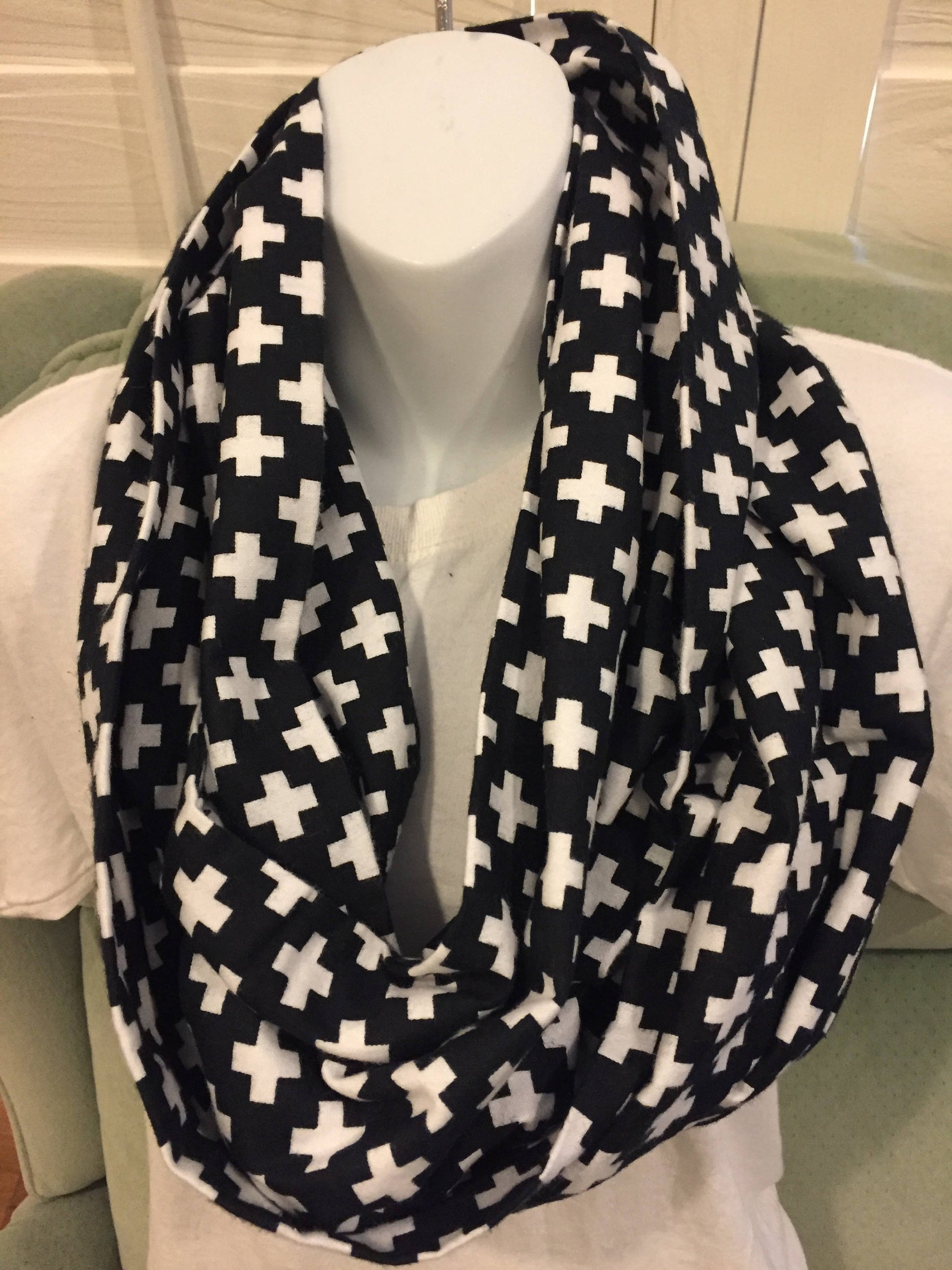 Handmade Cotton Infinity Scarf: Plus Sign Print Lightweight Neck Warmer