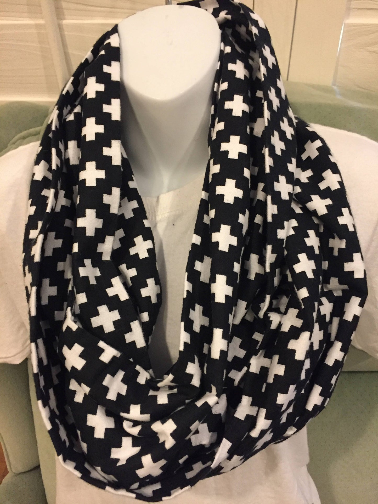 Handmade Cotton Infinity Scarf: Plus Sign Print Lightweight Neck Warmer