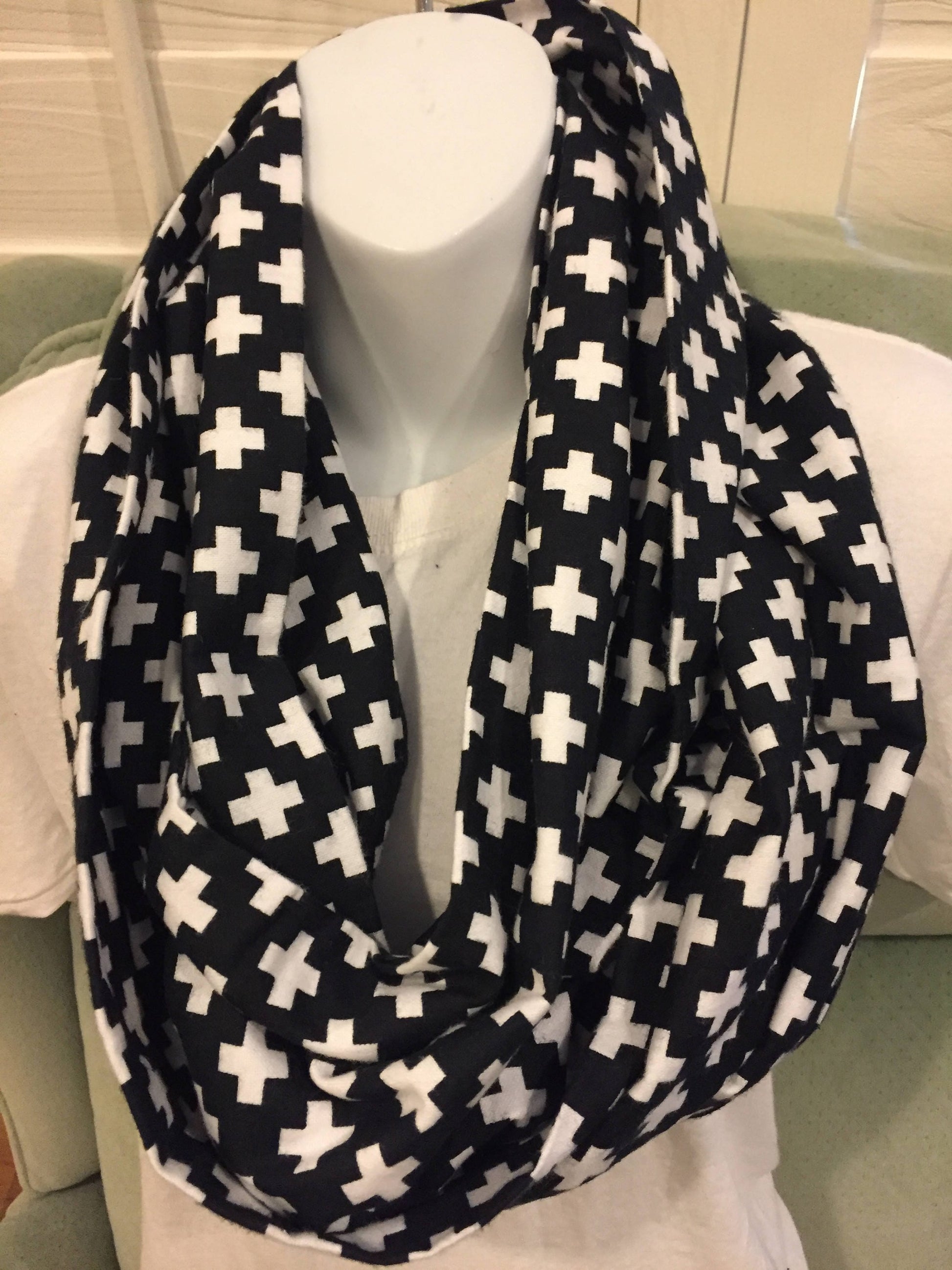 Handmade Cotton Infinity Scarf: Plus Sign Print Lightweight Neck Warmer