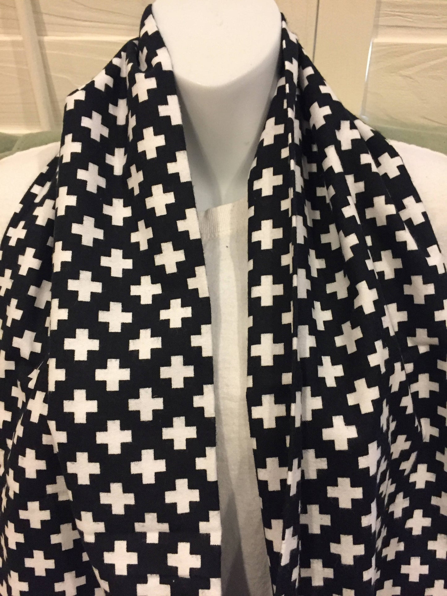 Handmade Cotton Infinity Scarf: Plus Sign Print Lightweight Neck Warmer