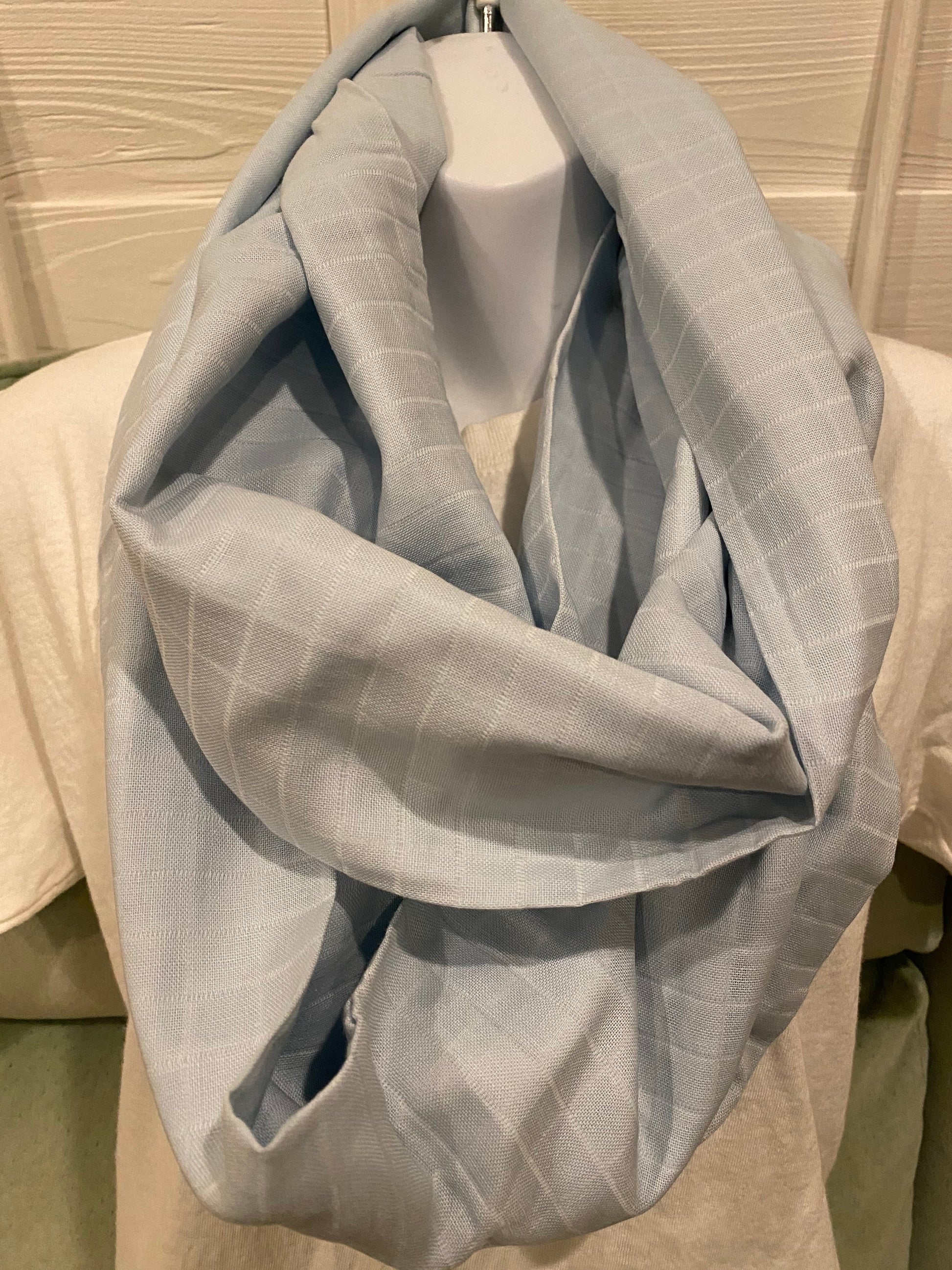 Handmade Baby Blue Cotton Infinity Scarf: Lightweight Muslin Scarf