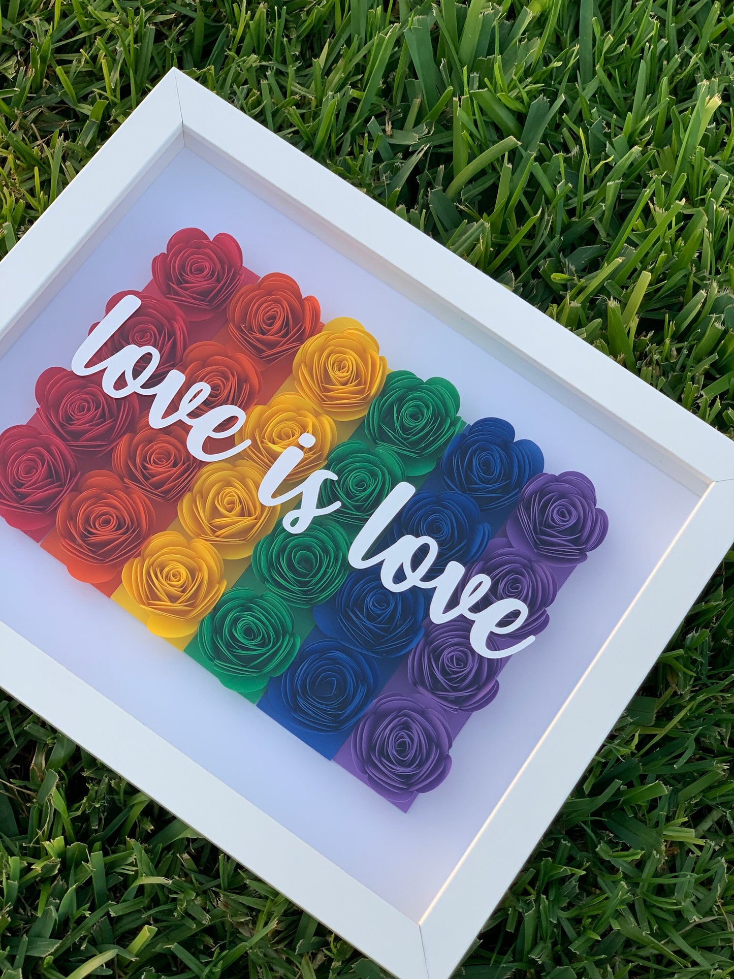 Express Love: LGBTQ Pride 3D Flower Shadow Box - Love is Love, Rainbow Decor with Vibrant Paper Flowers by Lina Loves Two, handmade in Los Angeles CA