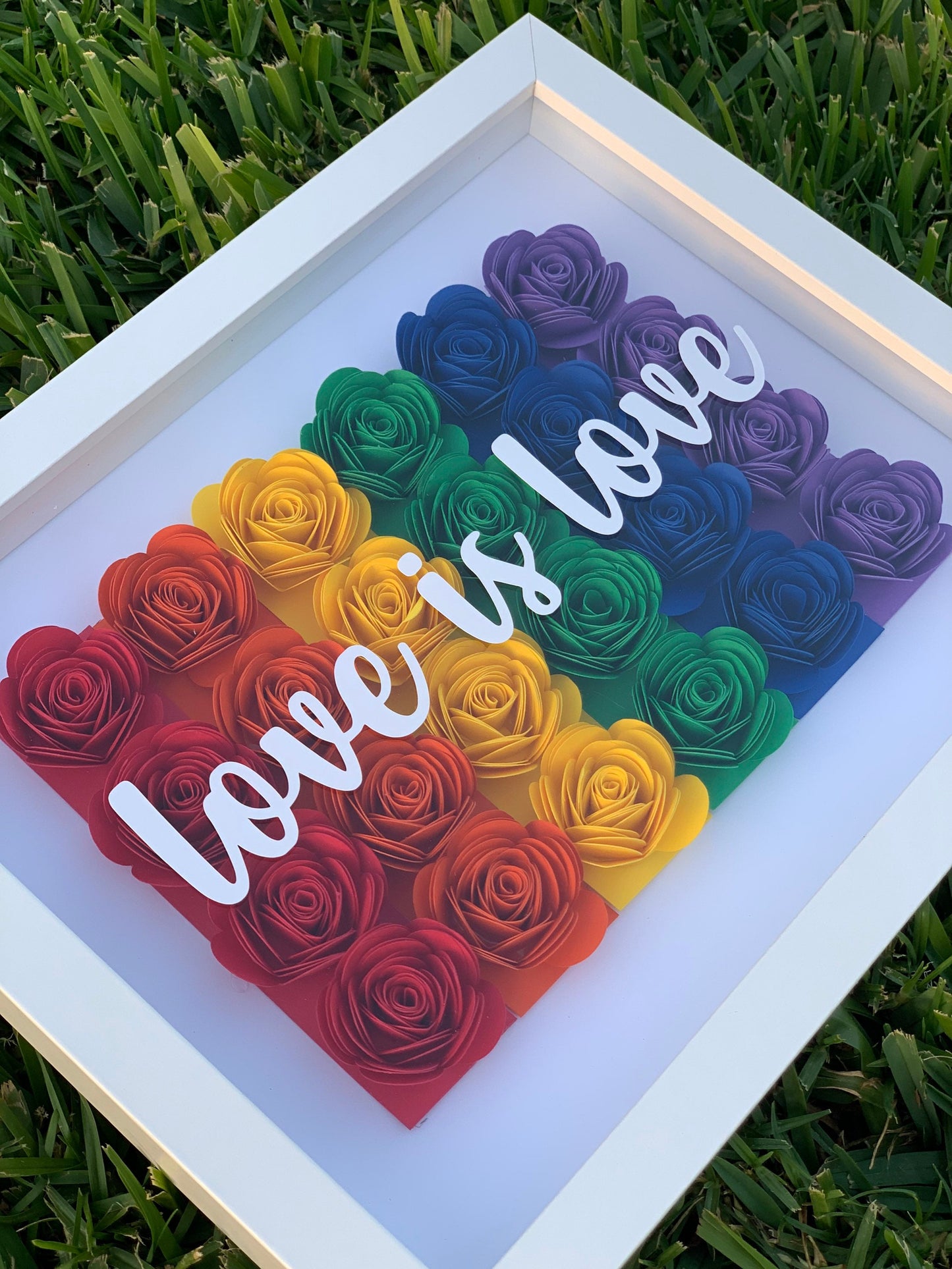 Express Love: LGBTQ Pride 3D Flower Shadow Box - Love is Love, Rainbow Decor with Vibrant Paper Flowers by Lina Loves Two, handmade in Los Angeles CA