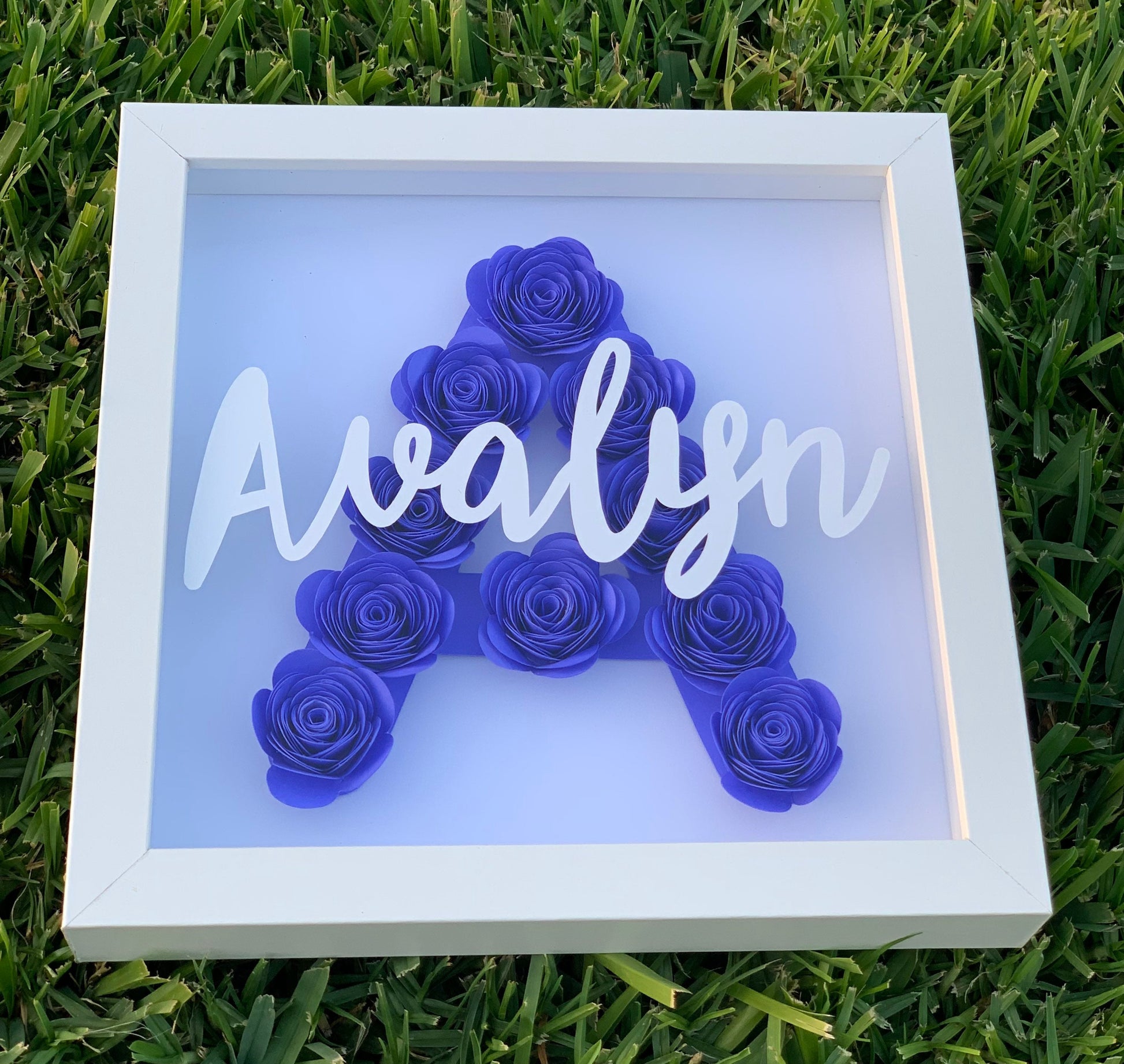 Blossoming Identity: Personalized Initial & Name Flower Frame - Paper Shadow Box for Kid's Room, Nursery Decor Delight by Lina Loves Two, handmade in Los Angeles CA