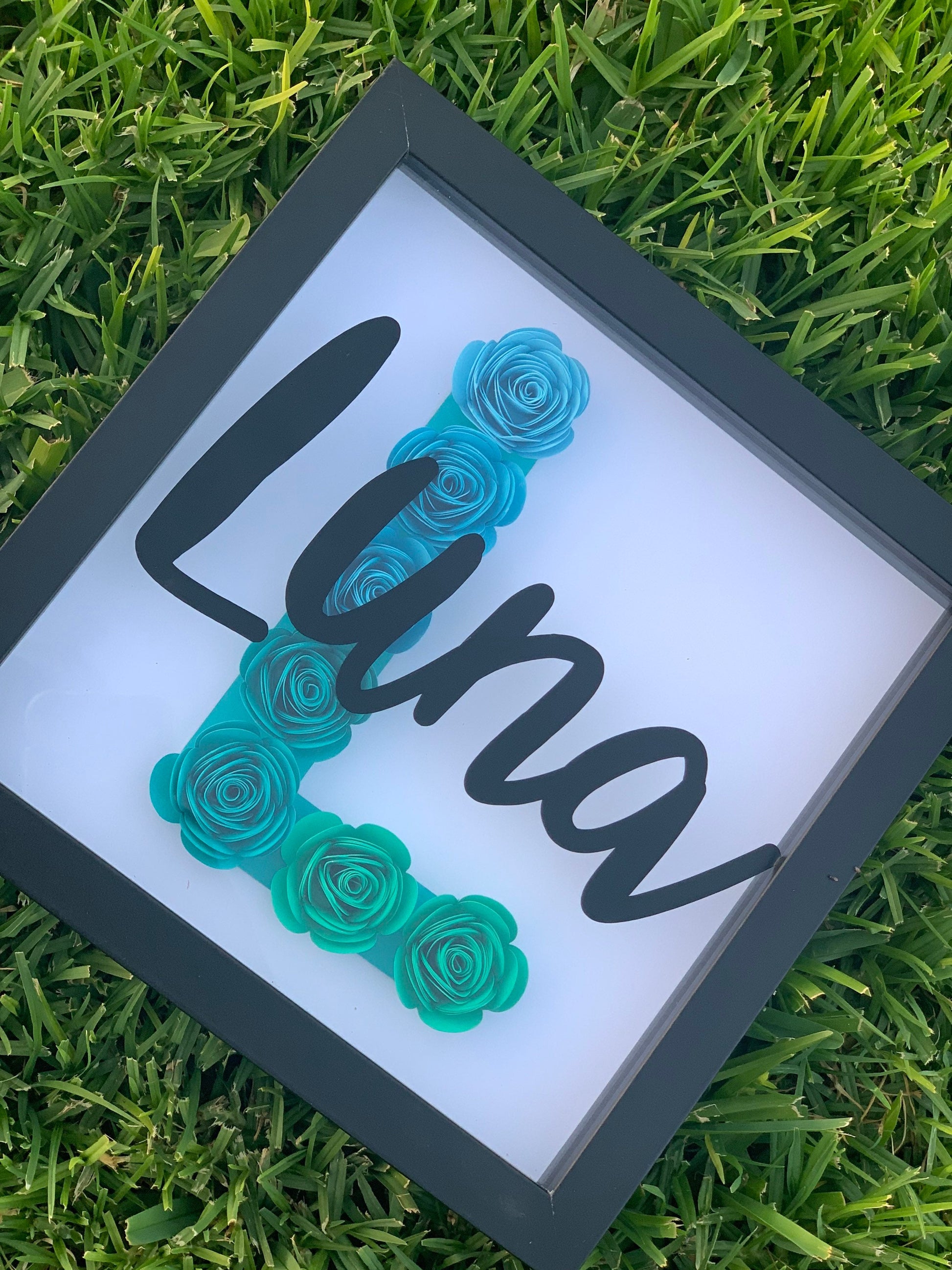 Blossoming Identity: Personalized Initial & Name Flower Frame - Paper Shadow Box for Kid's Room, Nursery Decor Delight by Lina Loves Two, handmade in Los Angeles CA