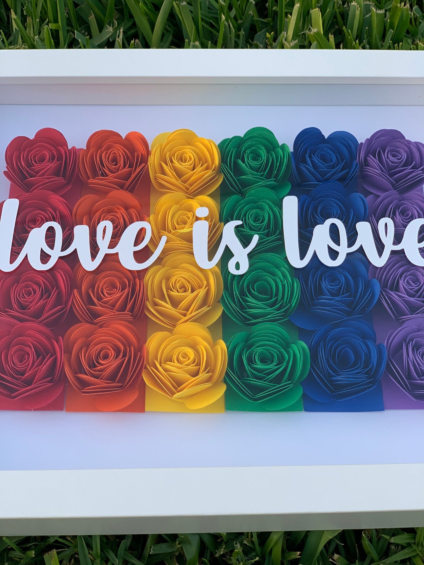 Express Love: LGBTQ Pride 3D Flower Shadow Box - Love is Love, Rainbow Decor with Vibrant Paper Flowers by Lina Loves Two, handmade in Los Angeles CA