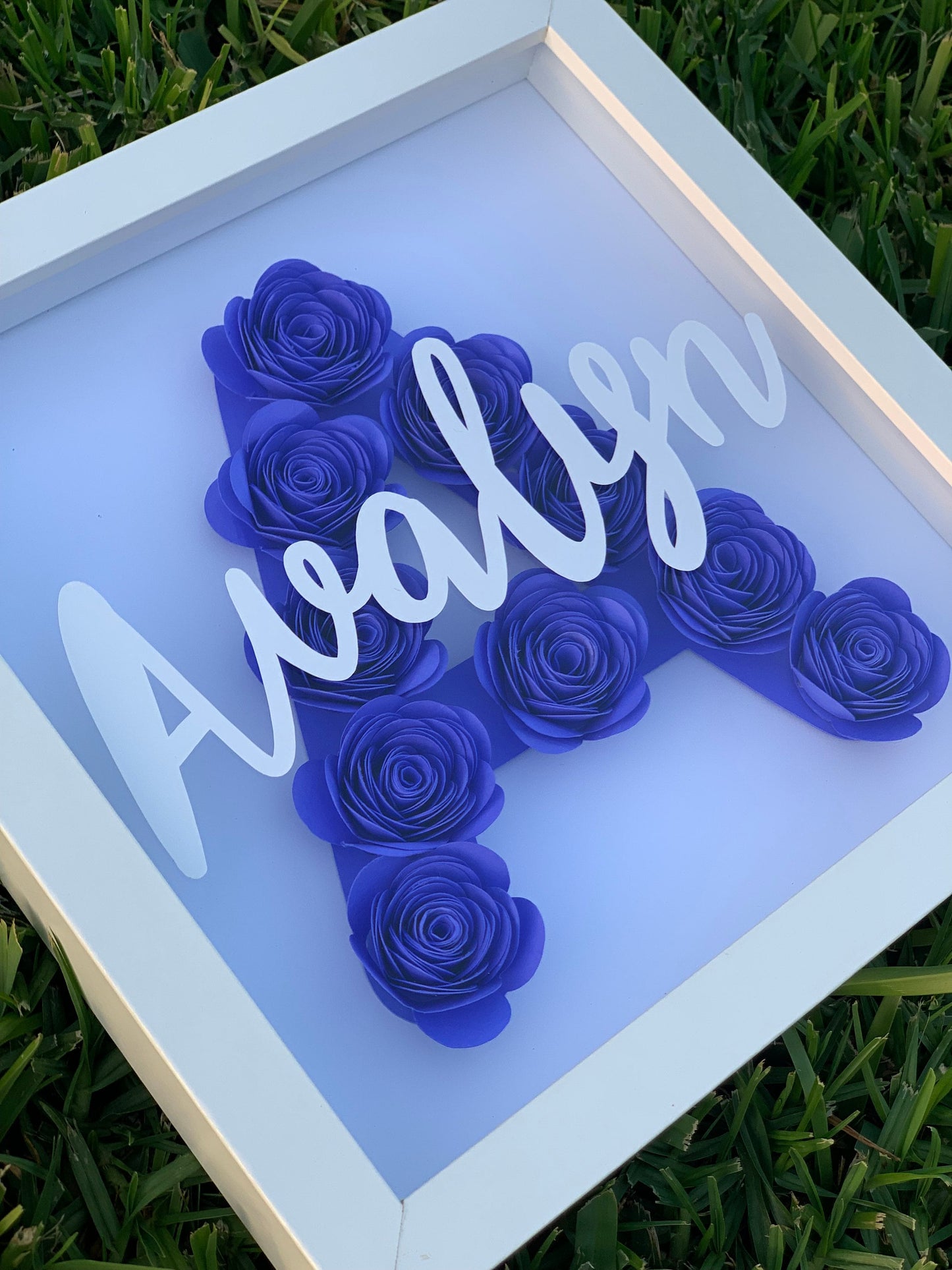 Blossoming Identity: Personalized Initial & Name Flower Frame - Paper Shadow Box for Kid's Room, Nursery Decor Delight by Lina Loves Two, handmade in Los Angeles CA