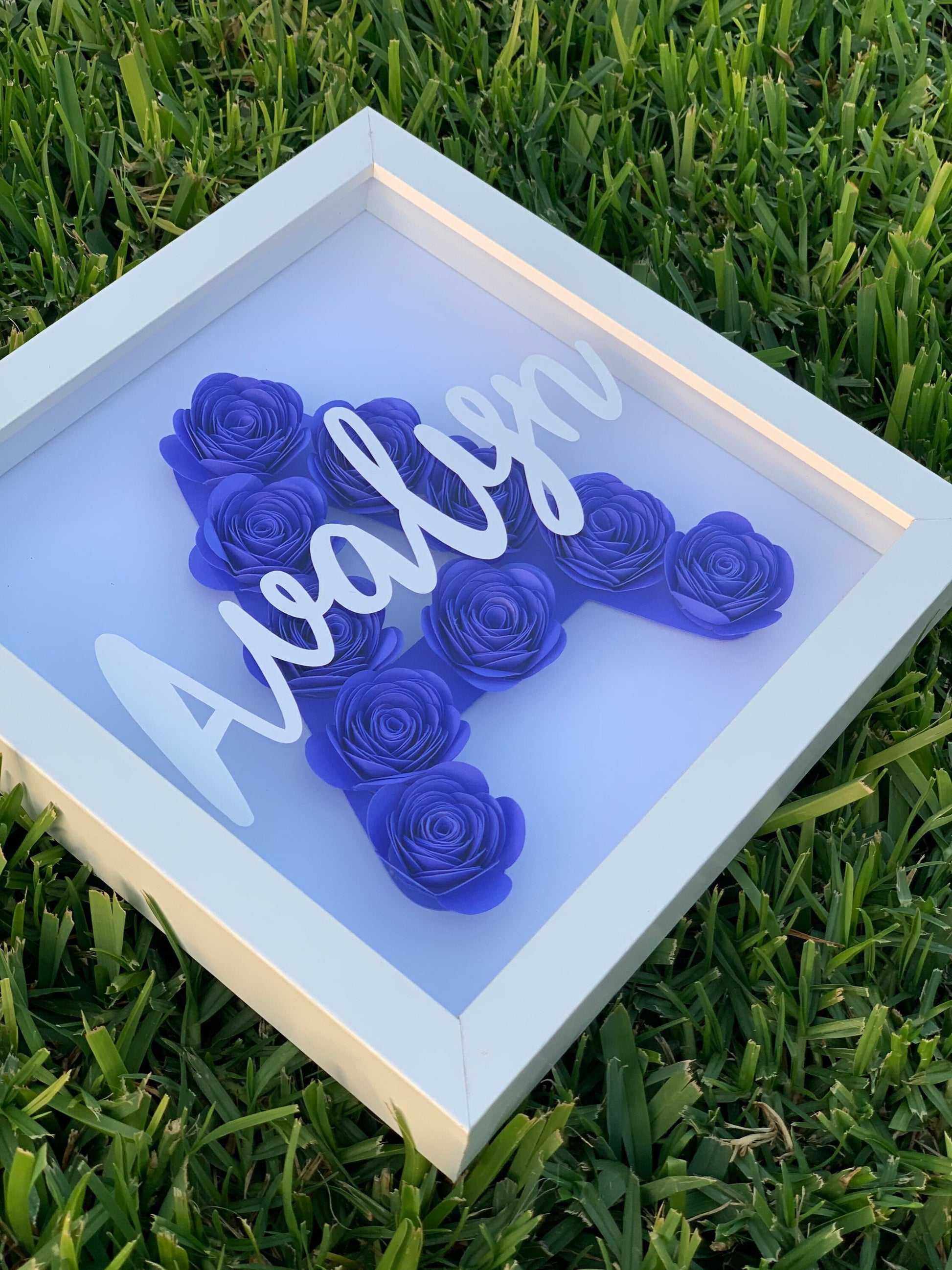 Blossoming Identity: Personalized Initial & Name Flower Frame - Paper Shadow Box for Kid's Room, Nursery Decor Delight by Lina Loves Two, handmade in Los Angeles CA