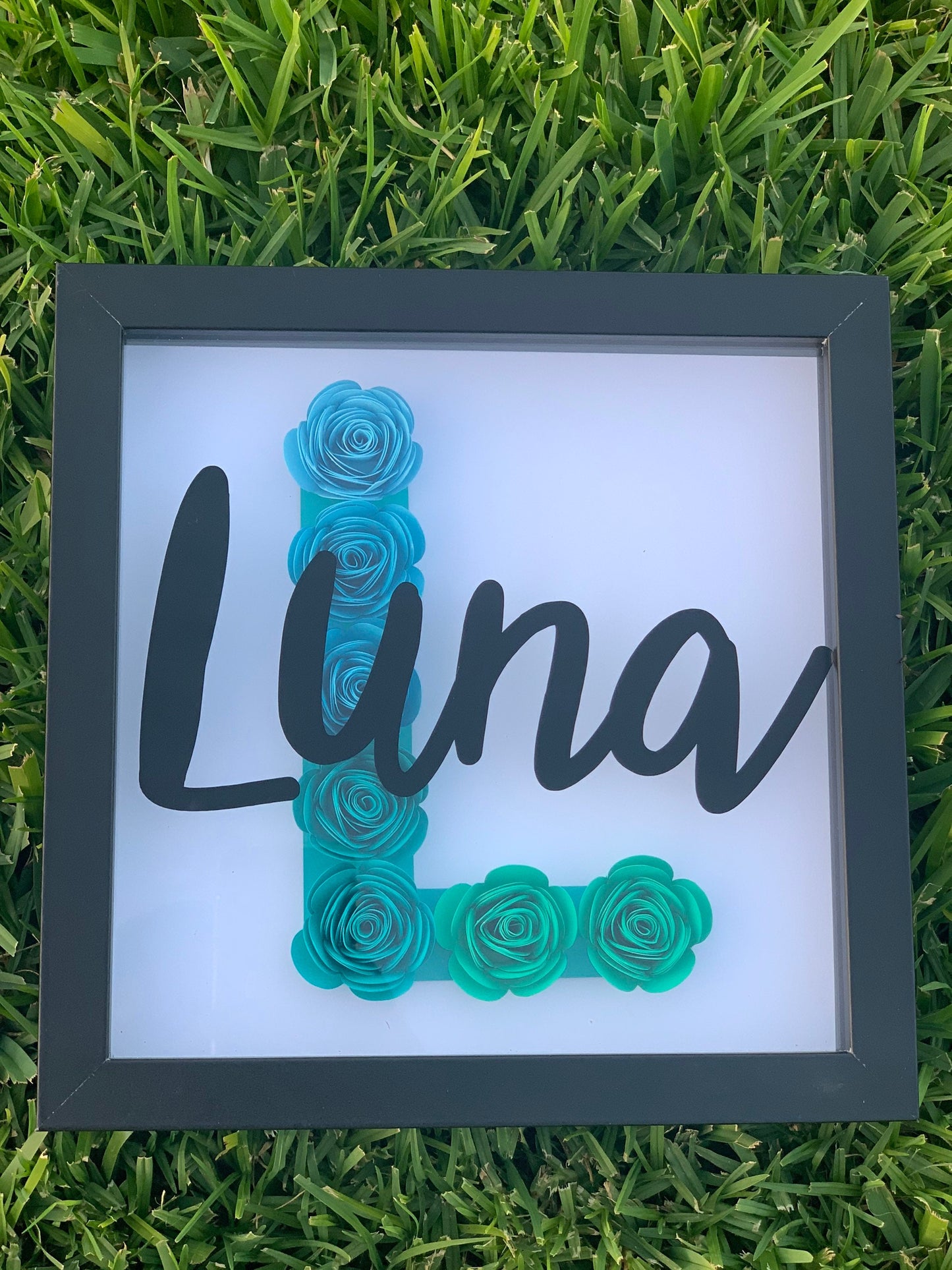 Blossoming Identity: Personalized Initial & Name Flower Frame - Paper Shadow Box for Kid's Room, Nursery Decor Delight by Lina Loves Two, handmade in Los Angeles CA