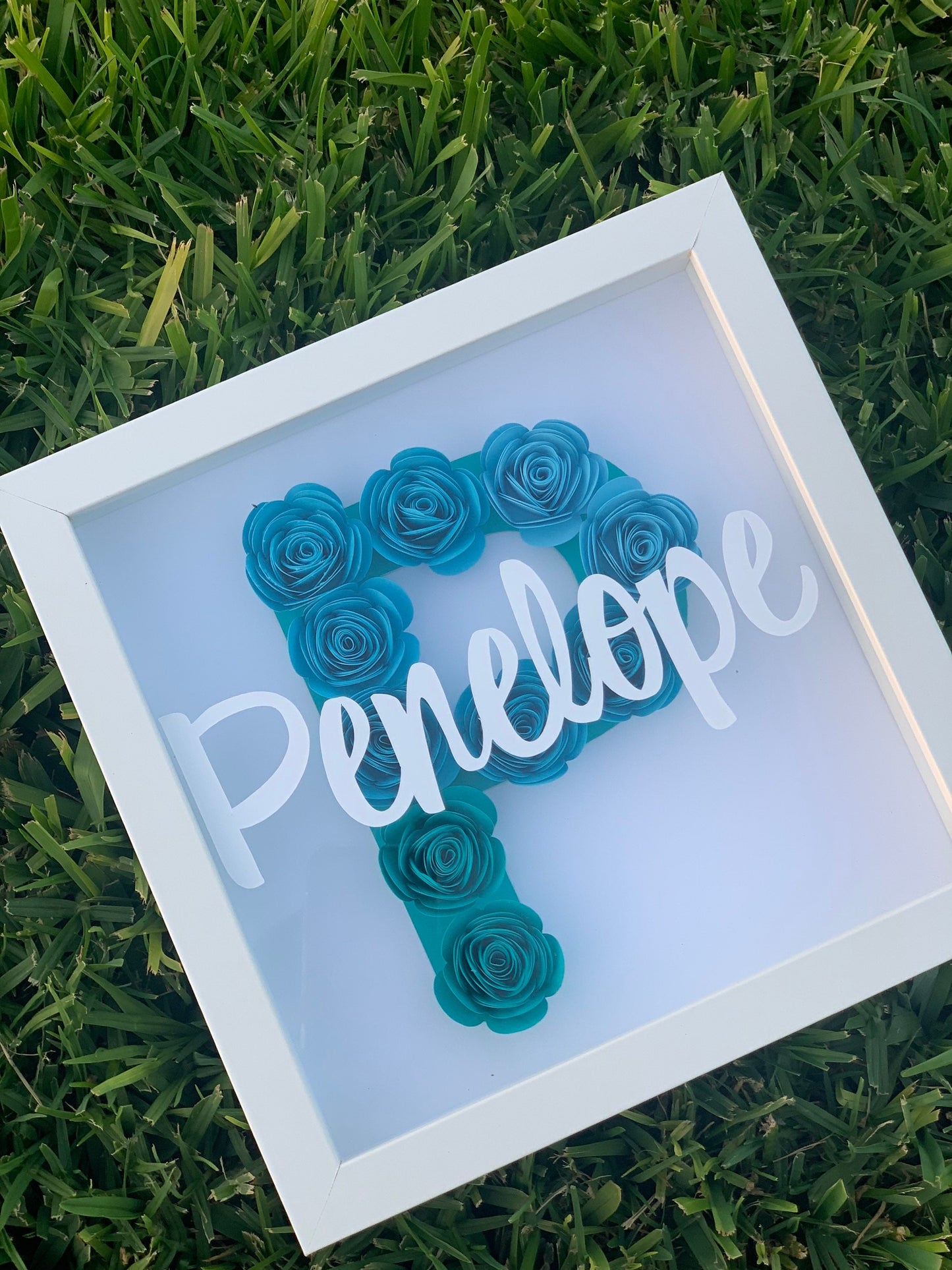 Blossoming Identity: Personalized Initial & Name Flower Frame - Paper Shadow Box for Kid's Room, Nursery Decor Delight by Lina Loves Two, handmade in Los Angeles CA