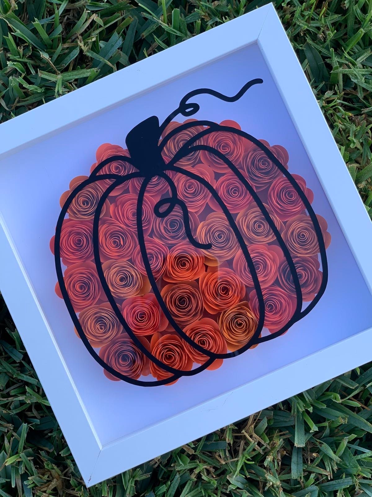 Autumn Elegance: Fall Pumpkin Floral Shadow Box - 3D Wall Decor with Paper Flowers, Unique Autumn Flower Shadow Box by Lina Loves Two, handmade in Los Angeles CA
