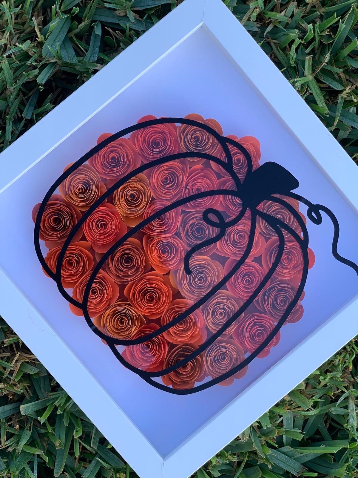 Autumn Elegance: Fall Pumpkin Floral Shadow Box - 3D Wall Decor with Paper Flowers, Unique Autumn Flower Shadow Box by Lina Loves Two, handmade in Los Angeles CA