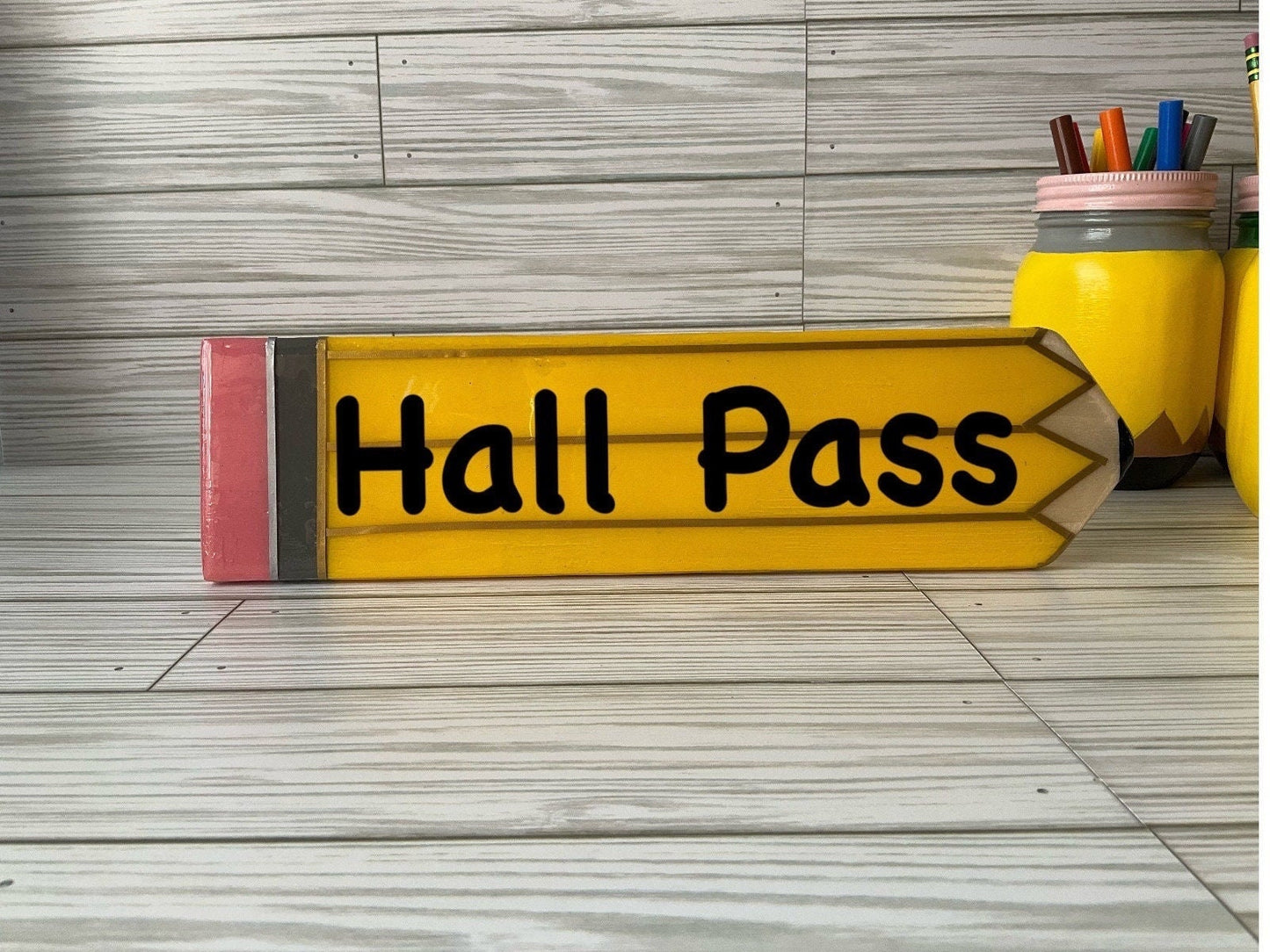 Personalized Teacher Pencil Sign: Yellow Wooden Hall Pass