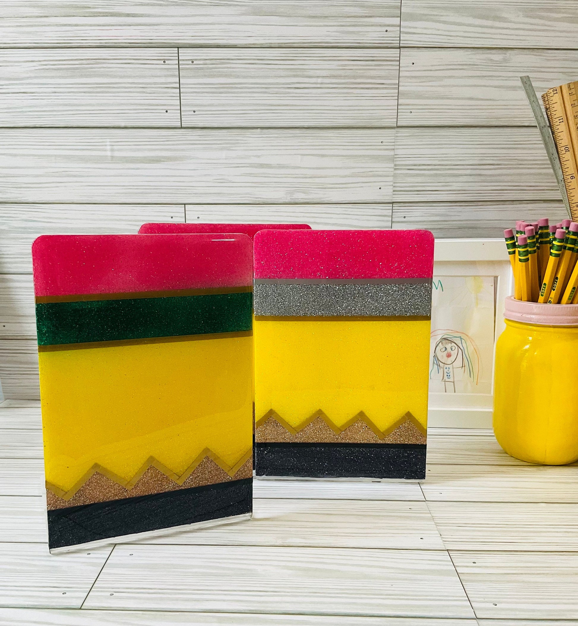 Sparkling Yellow Pencil Glitter Bookends - Perfect Teacher Gifts, Stylish Classroom Decor