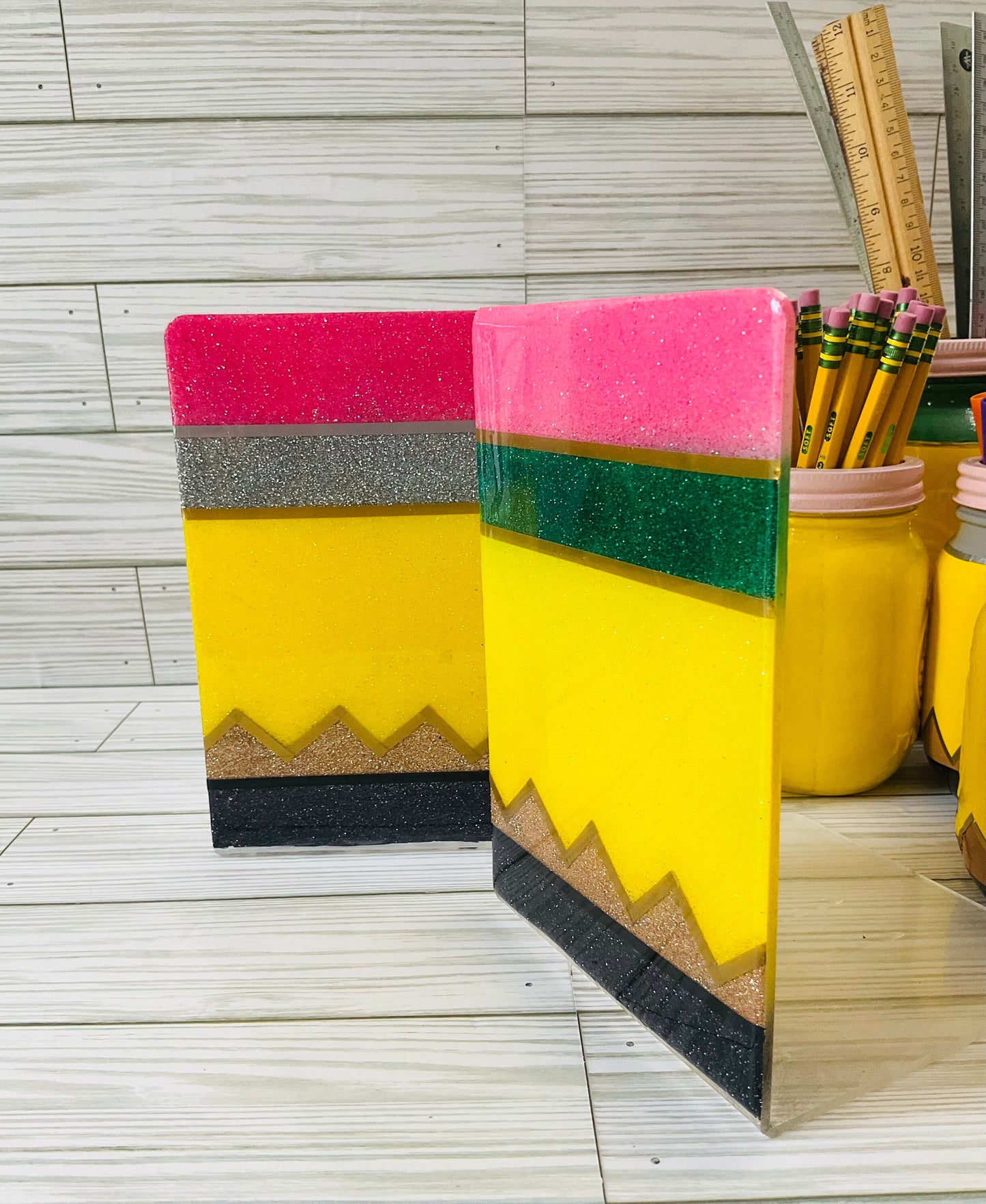 Sparkling Yellow Pencil Glitter Bookends - Perfect Teacher Gifts, Stylish Classroom Decor