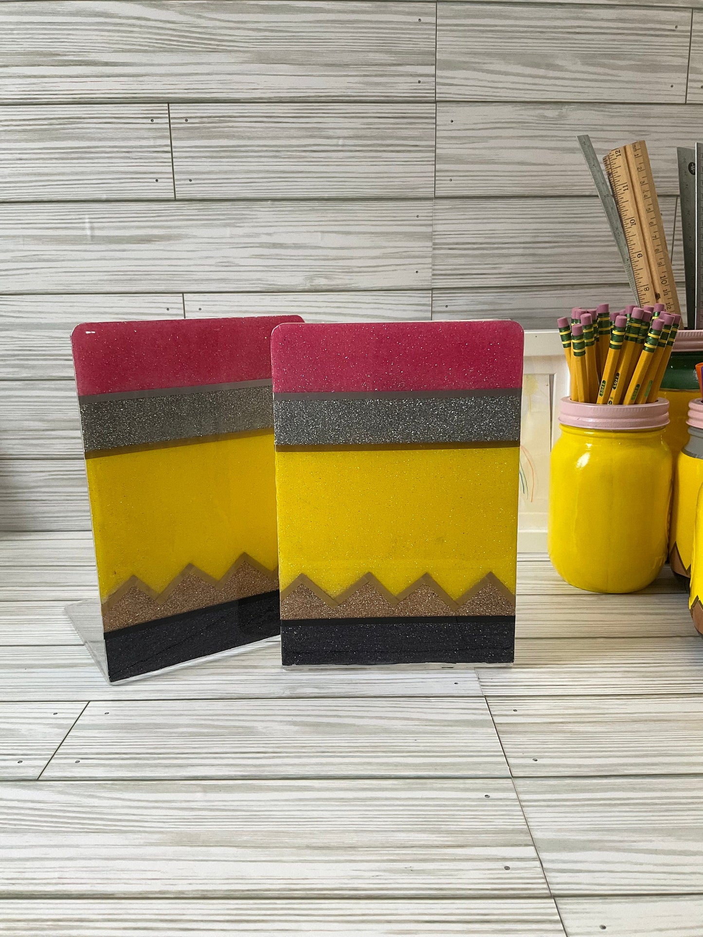 Sparkling Yellow Pencil Glitter Bookends - Perfect Teacher Gifts, Stylish Classroom Decor