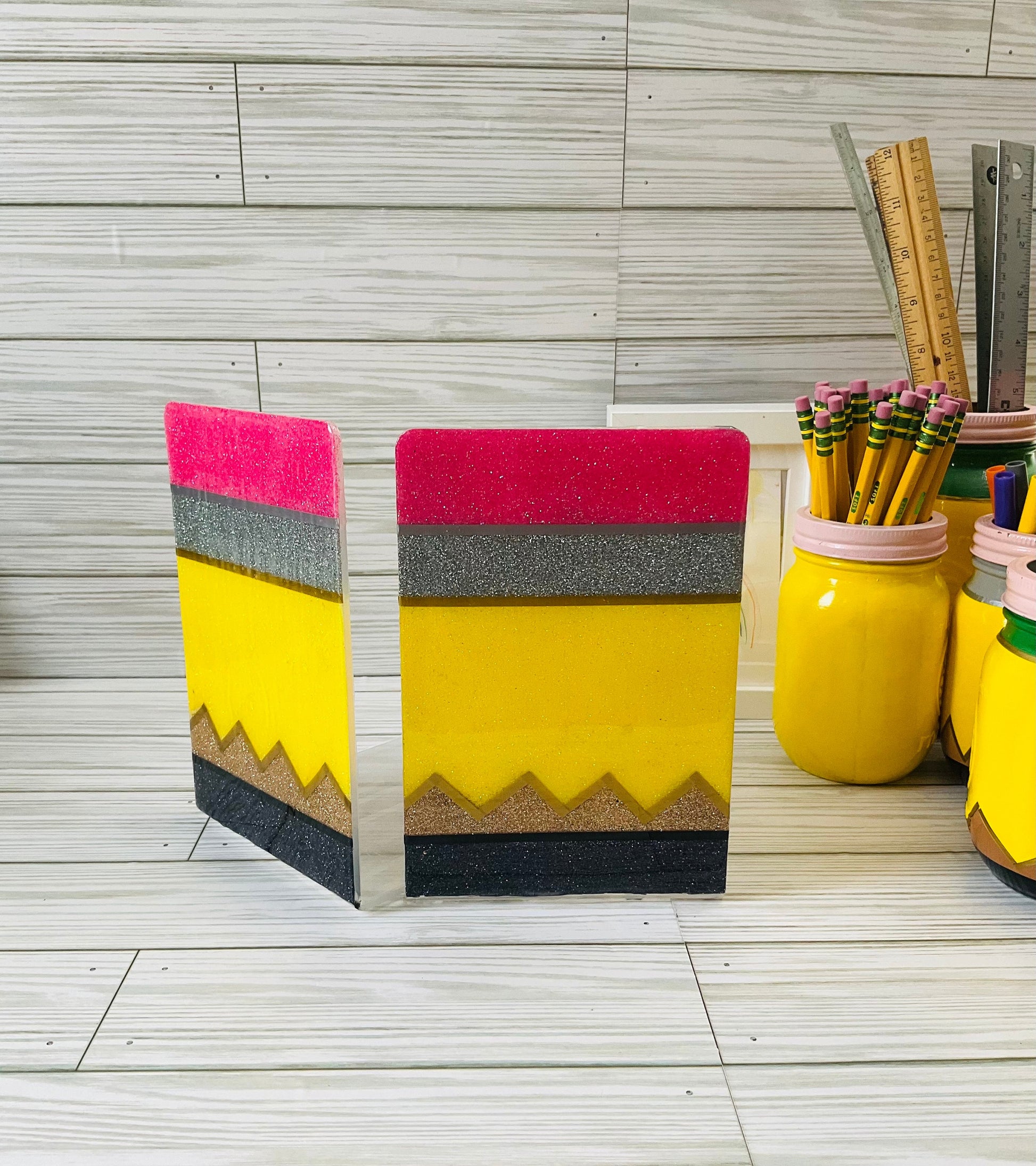 Sparkling Yellow Pencil Glitter Bookends - Perfect Teacher Gifts, Stylish Classroom Decor