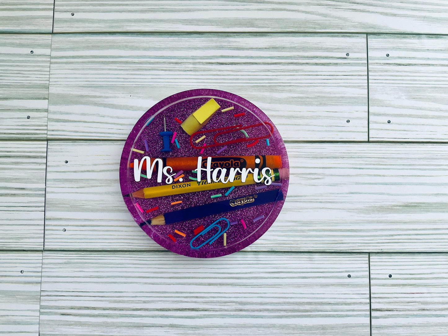 Personalized Teacher Glitter Coaster: Crayon & Pencil Design