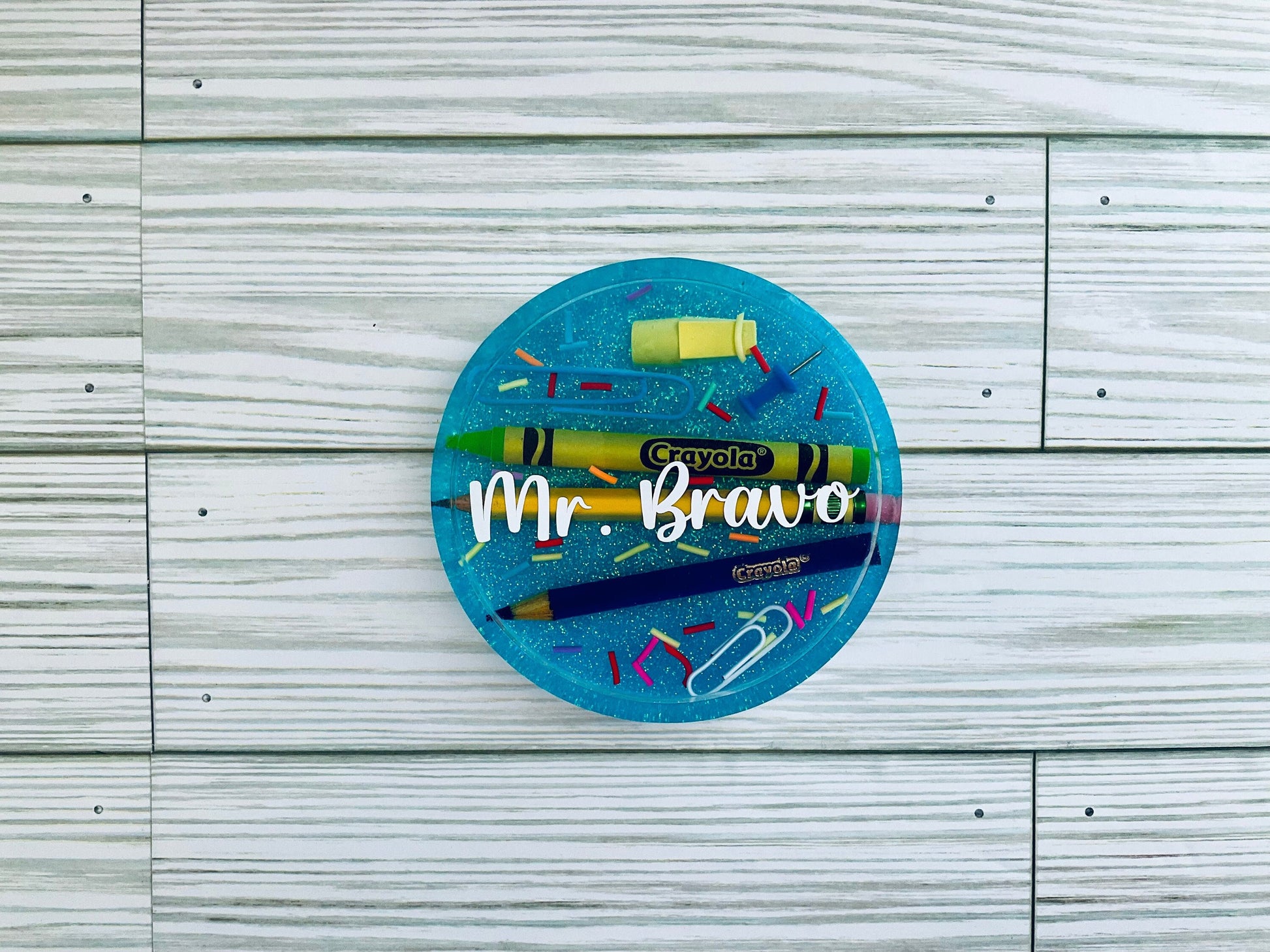 Personalized Teacher Glitter Coaster: Crayon & Pencil Design