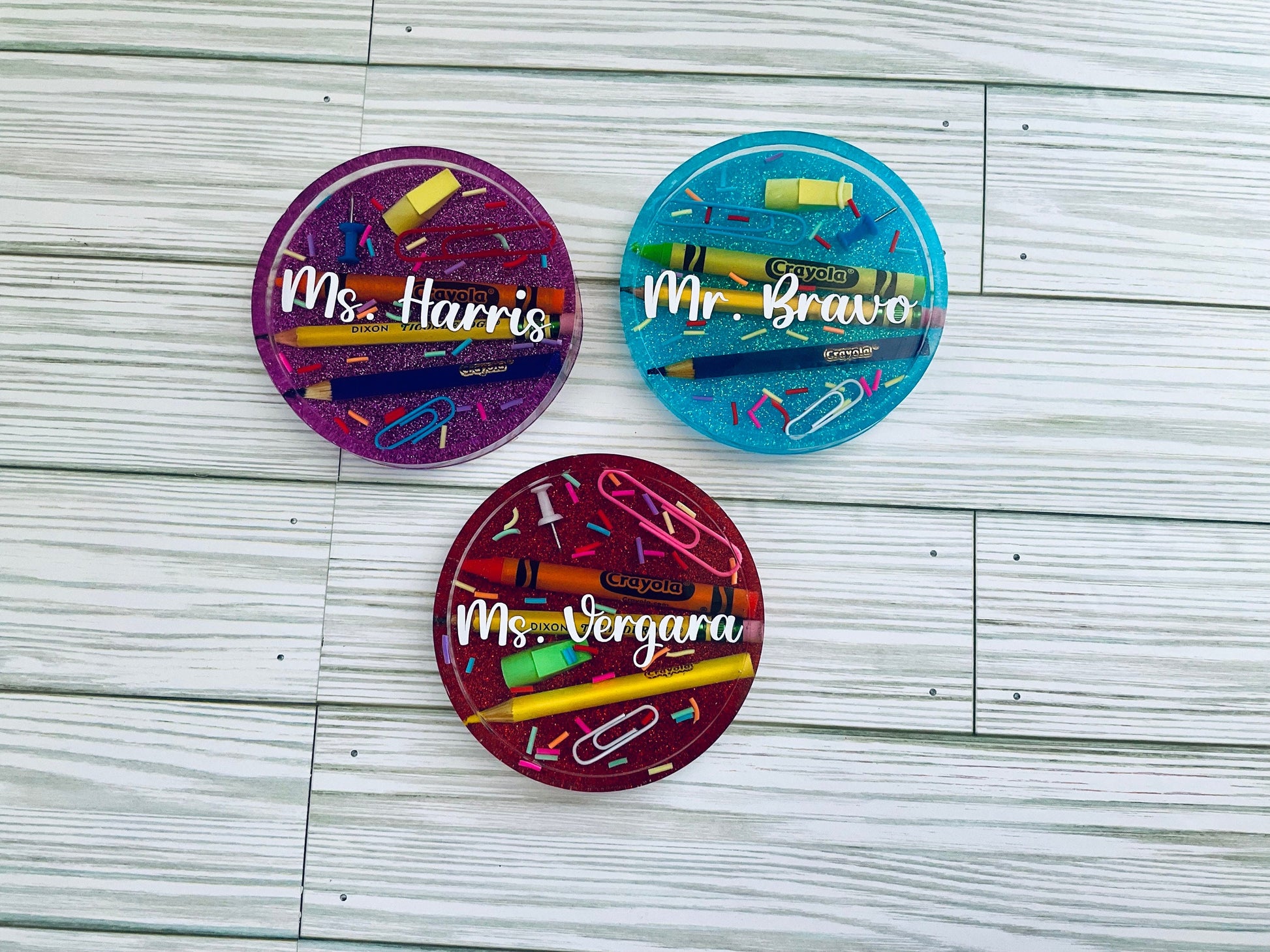 Personalized Teacher Glitter Coaster: Crayon & Pencil Design