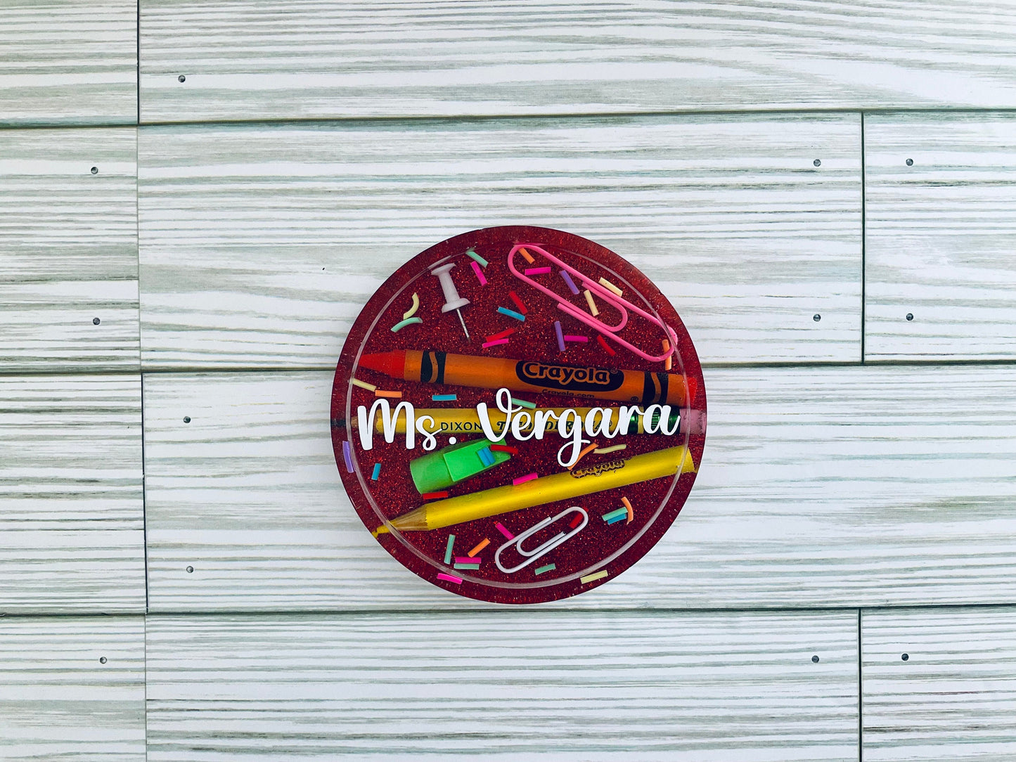 Personalized Teacher Glitter Coaster: Crayon & Pencil Design