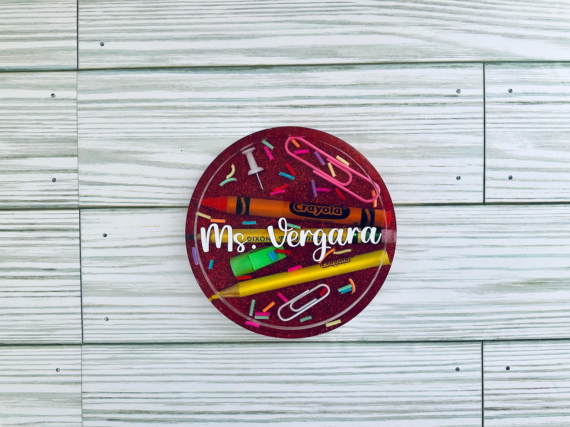Personalized Teacher Glitter Coaster: Crayon & Pencil Design
