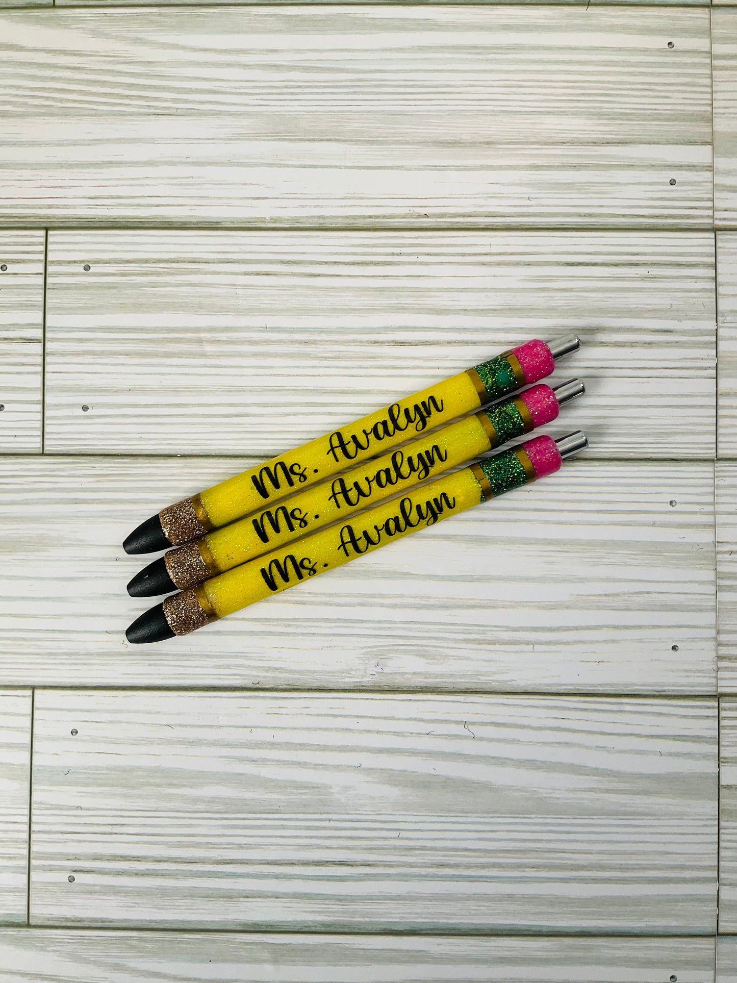 Personalized Teacher Glitter Pens - Pencil Design, Set of 3