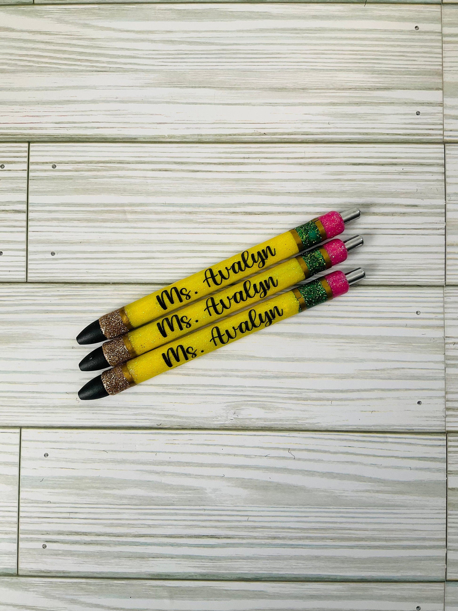 Personalized Teacher Glitter Pens - Pencil Design, Set of 3 by Lina Loves Two, handmade in Los Angeles CA