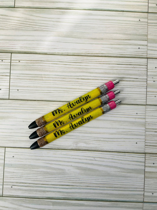 Personalized Teacher Glitter Pens - Pencil Design, Set of 3