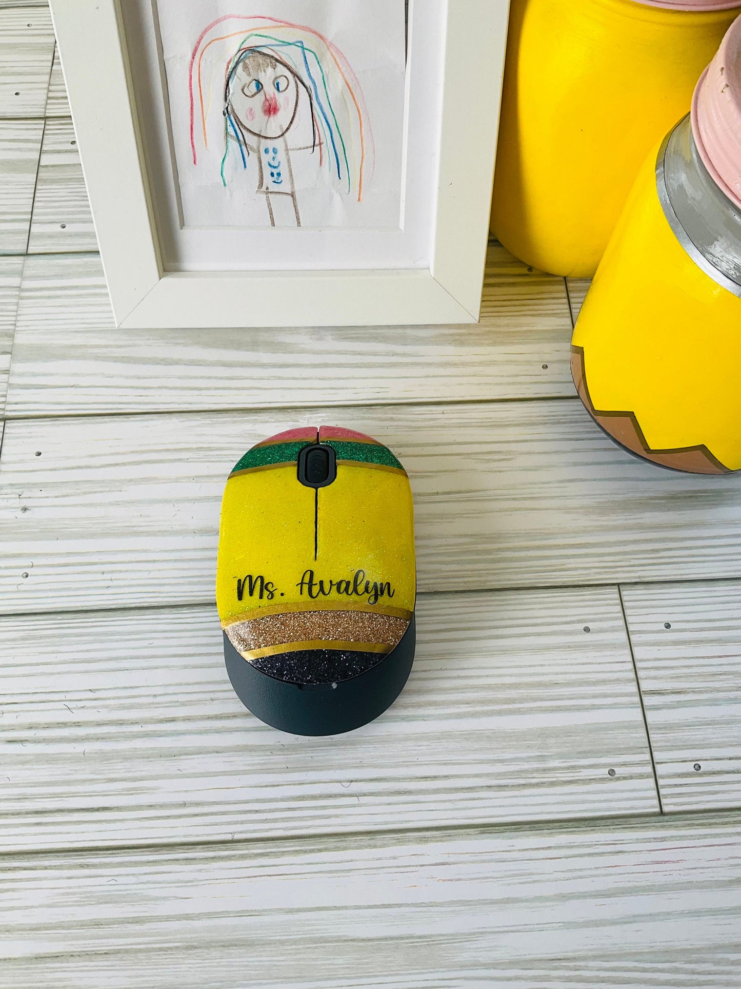 Pencil Wireless Mouse | Teacher Gifts | Yellow Pencil Glitter | Unique Wireless Mouse for Teachers