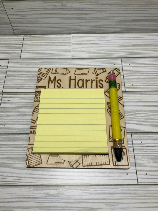 Personalized Engraved Pen & Post-it Note Holder – Teacher Desk Organizer Gift by Lina Loves Two, handmade in Los Angeles CA