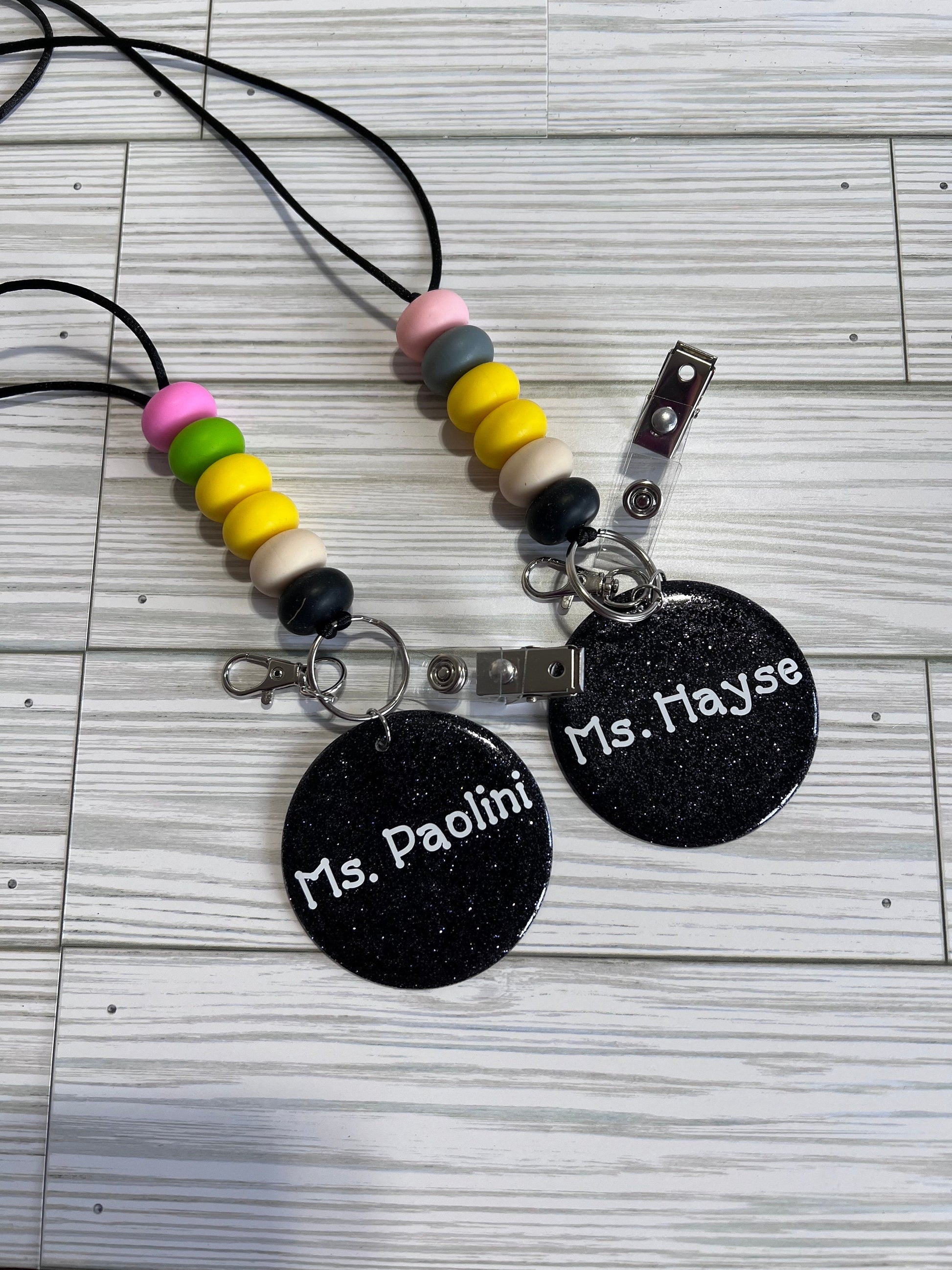 Personalized Teacher Lanyard: Silicone Beads, Glitter Charm