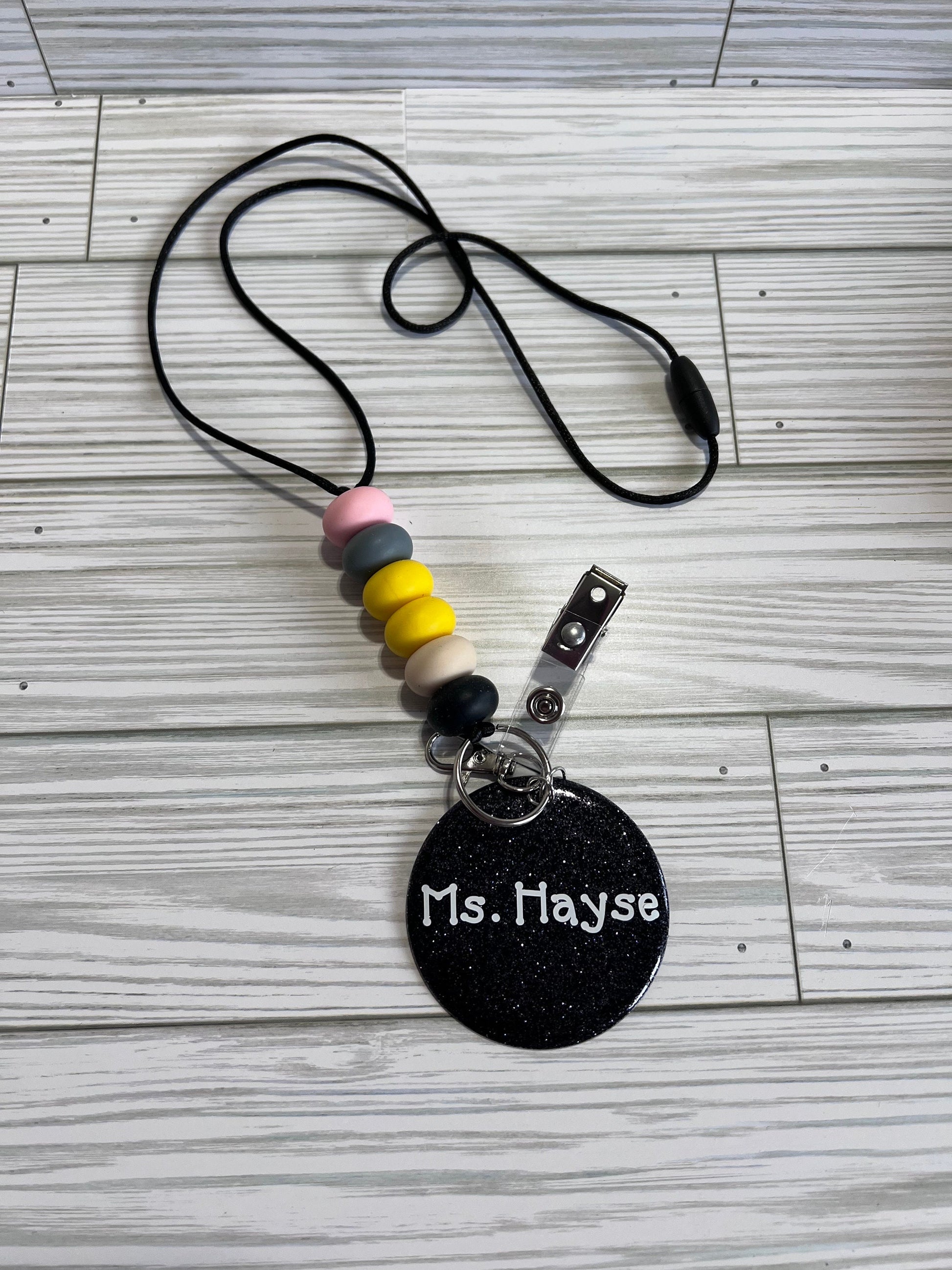 Personalized Teacher Lanyard: Silicone Beads, Glitter Charm