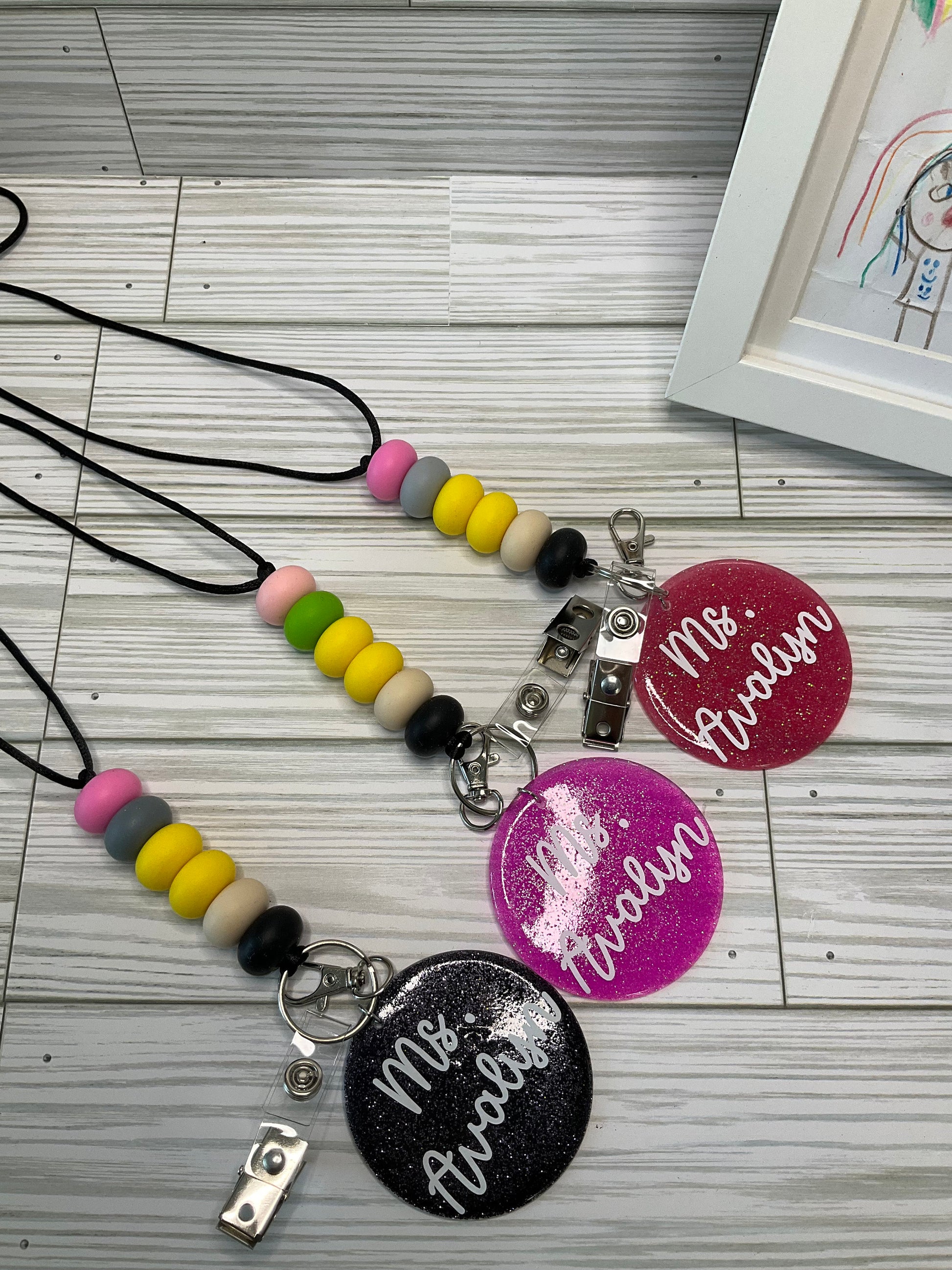 Personalized Teacher Lanyard: Silicone Beads, Glitter Charm