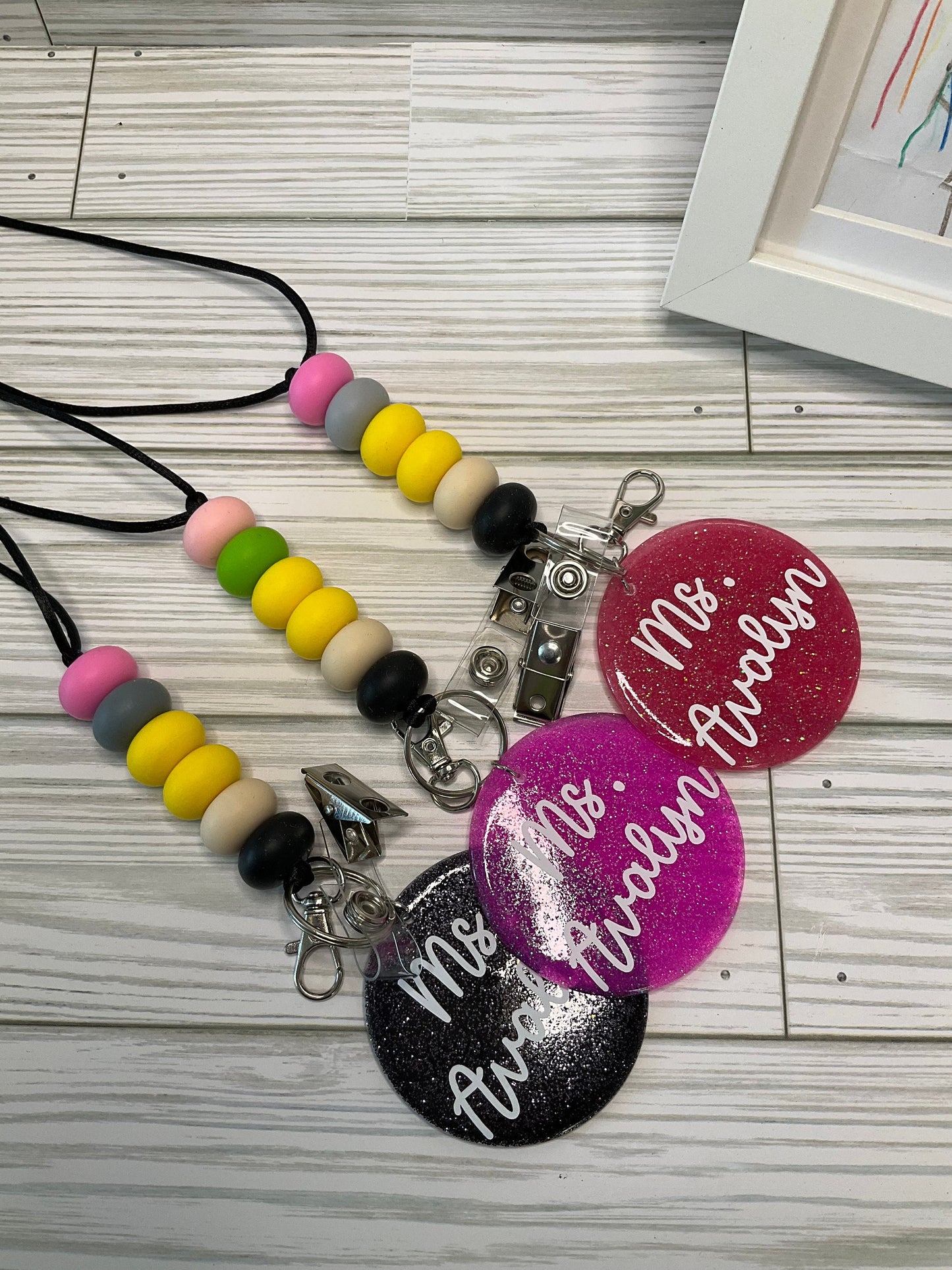 Personalized Teacher Lanyard: Silicone Beads, Glitter Charm