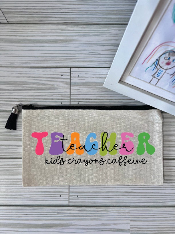 Personalized Teacher Pencil Bag: Kids Crayons Caffeine Design