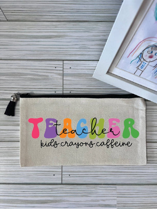 Personalized Teacher Pencil Bag: Kids Crayons Caffeine Design